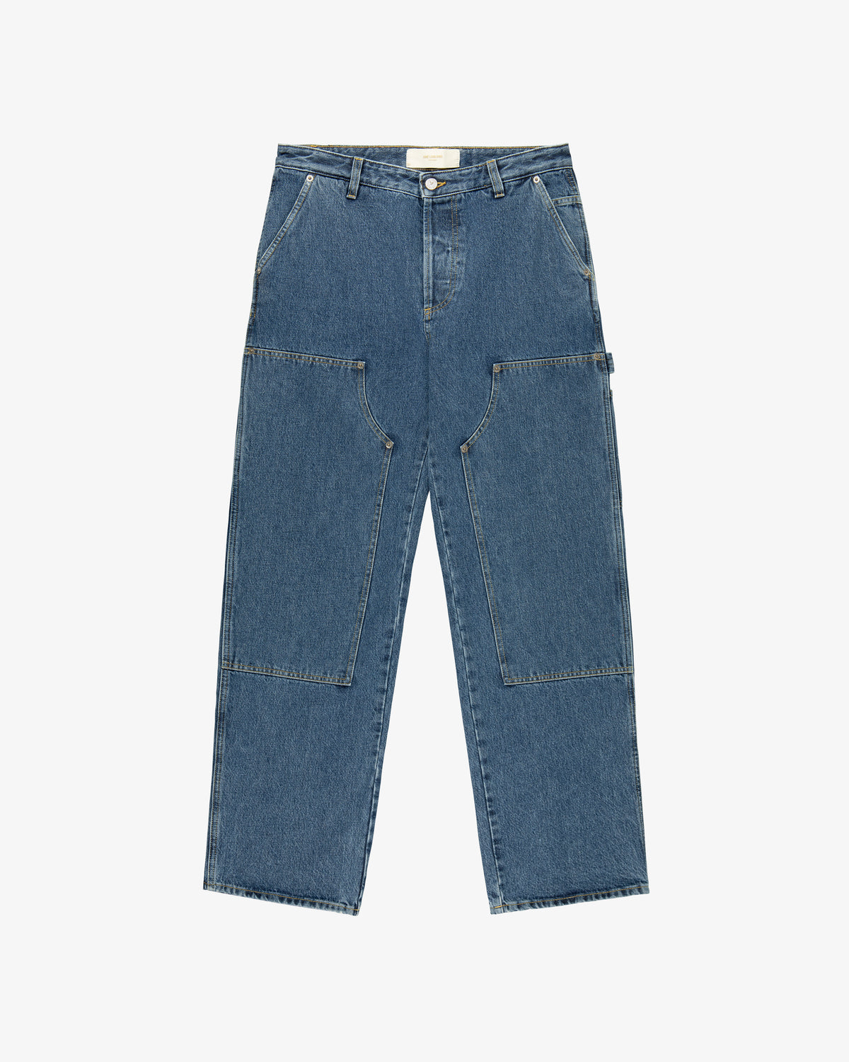 Denim Carpenter Pant with wide legs, large front pockets, and a hammer loop laid flat on a white background.
