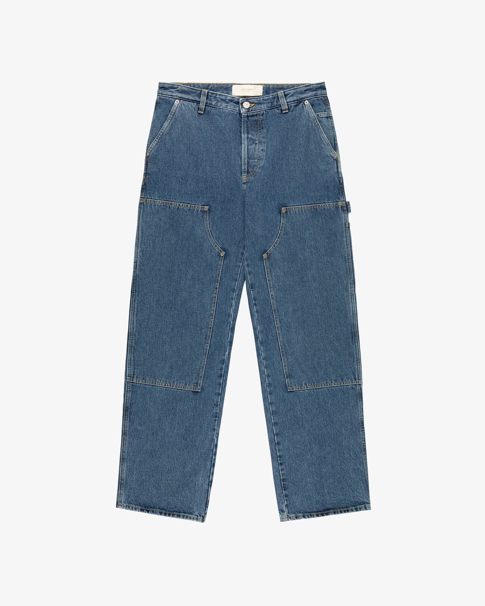 Denim Carpenter Pant with wide legs, large front pockets, and a hammer loop laid flat on a white background.