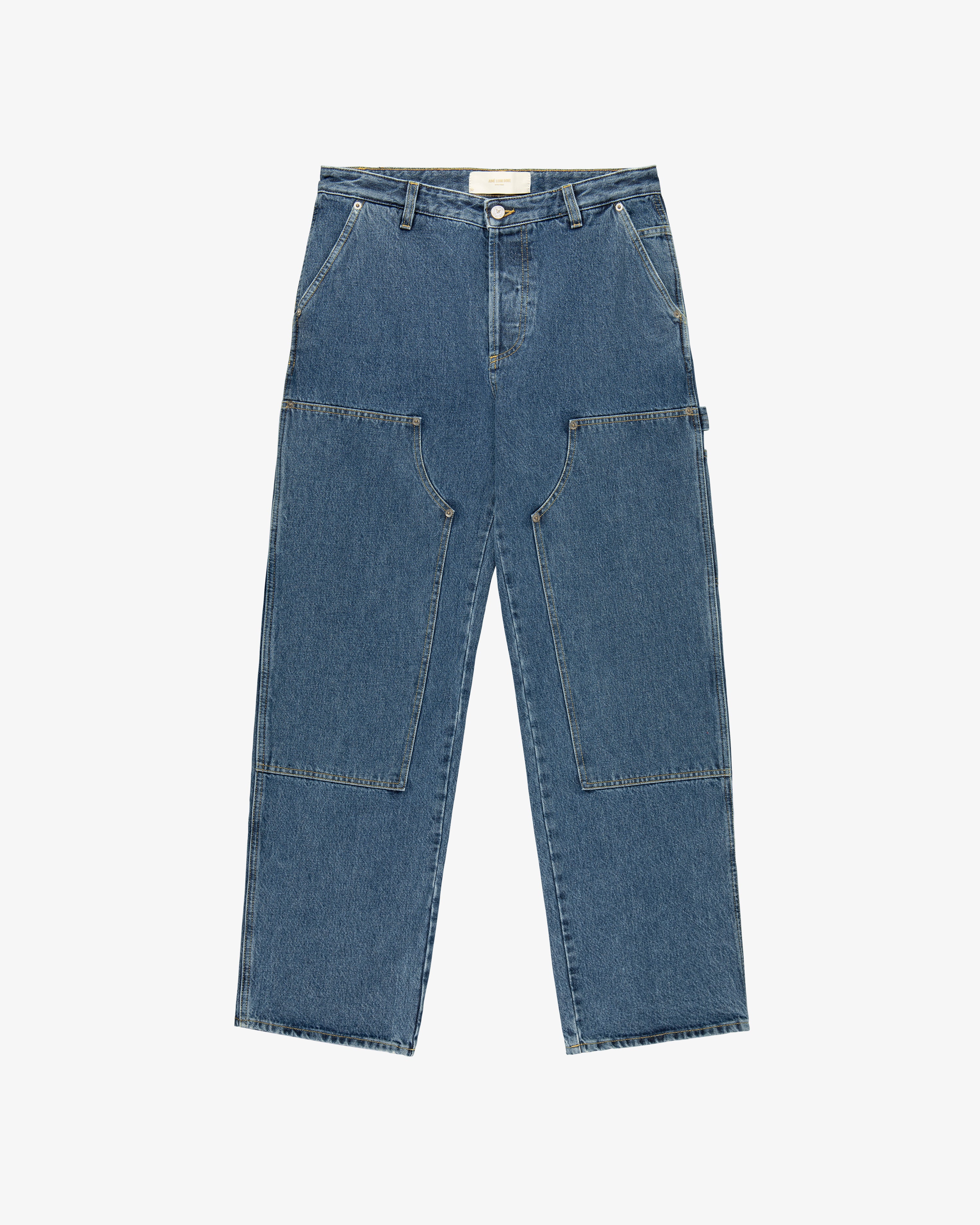 Denim Carpenter Pant with wide legs, large front pockets, and a hammer loop laid flat on a white background.