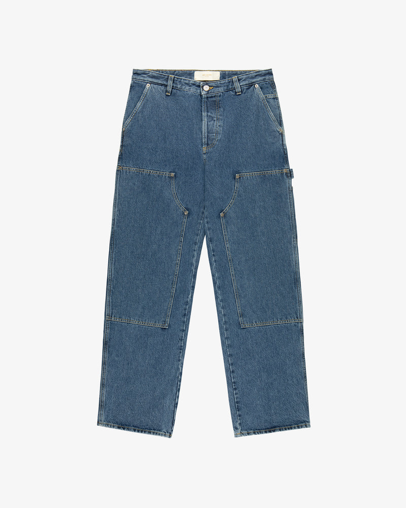 Denim Carpenter Pant with wide legs, large front pockets, and a hammer loop laid flat on a white background.