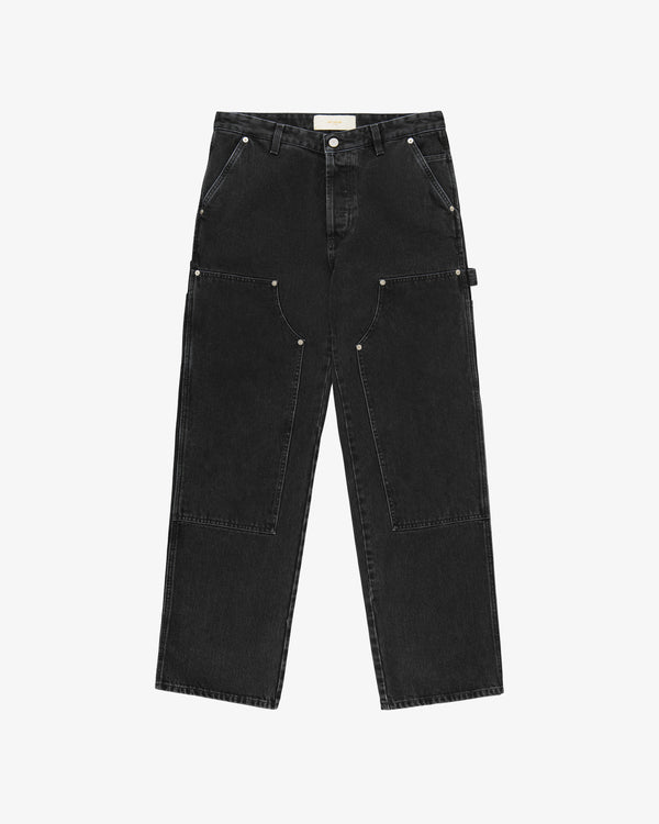 Denim Carpenter Pant with front patch pockets, button closure, and visible stitching, laid flat on a white background.