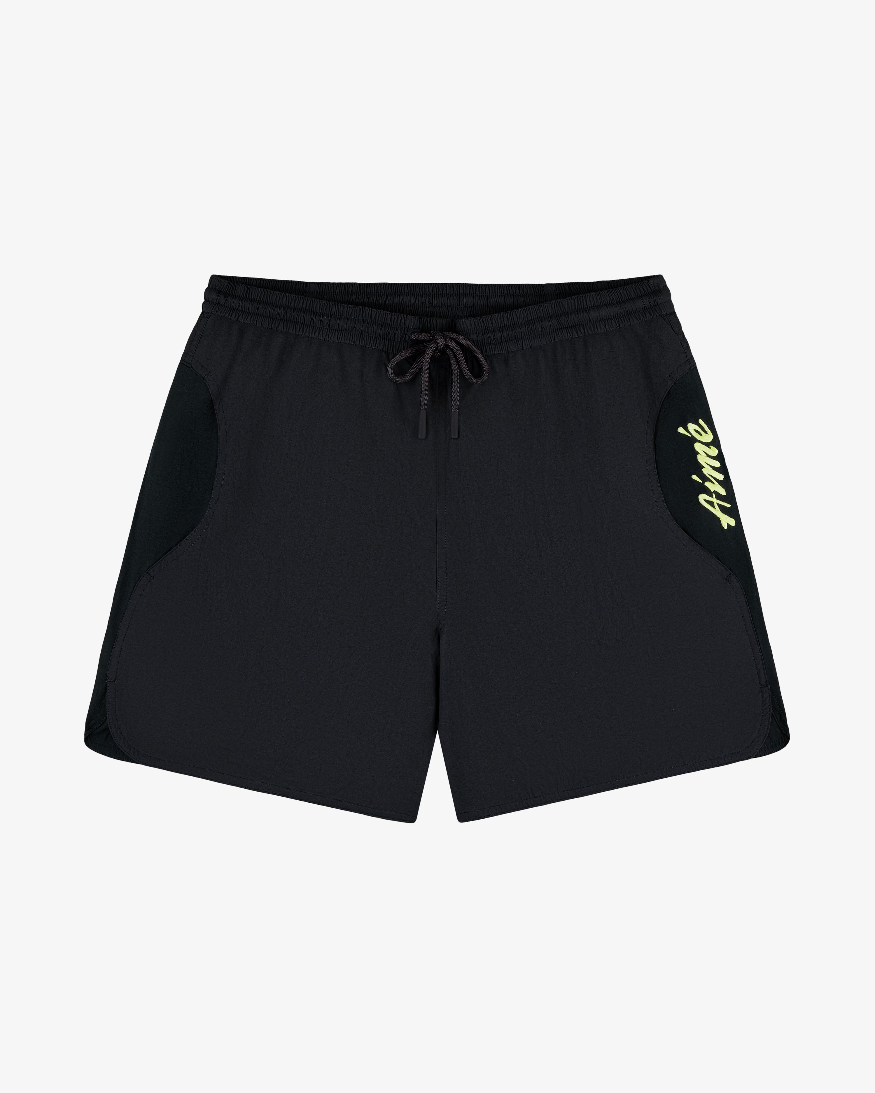 Paneled Sport Short: black with drawstring, yellow “Homme” on right pocket, shown on a white background.