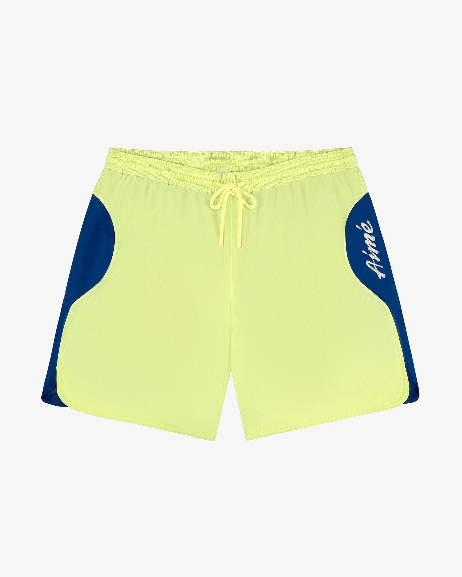 Paneled Sport Short in neon yellow with blue sides, drawstring waist, and Aimé logo on the left.