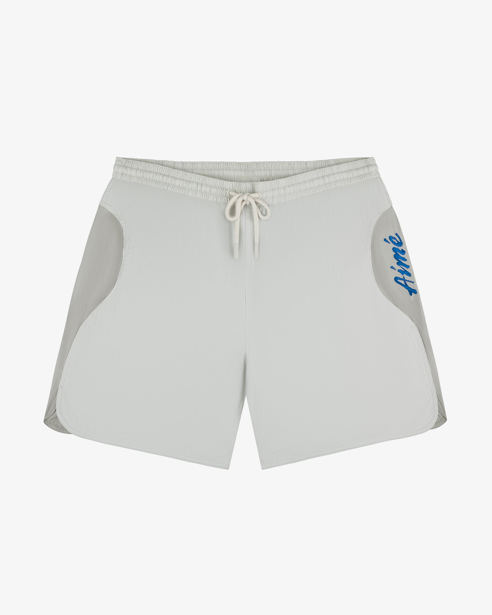 Light gray Paneled Sport Shorts with white drawstring, blue Aimé text left leg, on a white background.