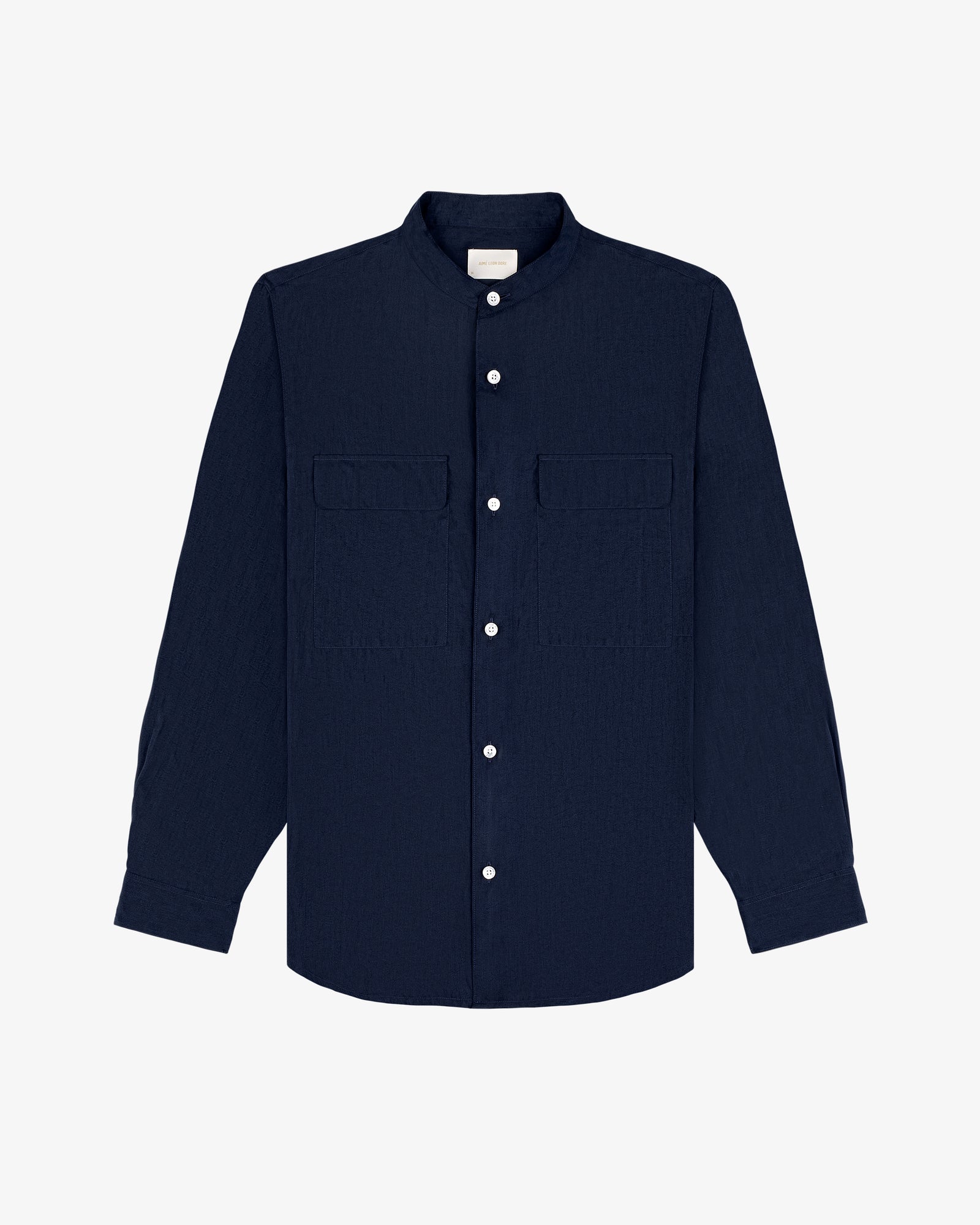 Collarband Safari Shirt: long-sleeve, dark navy, button-up with two chest pockets, shown on white background.