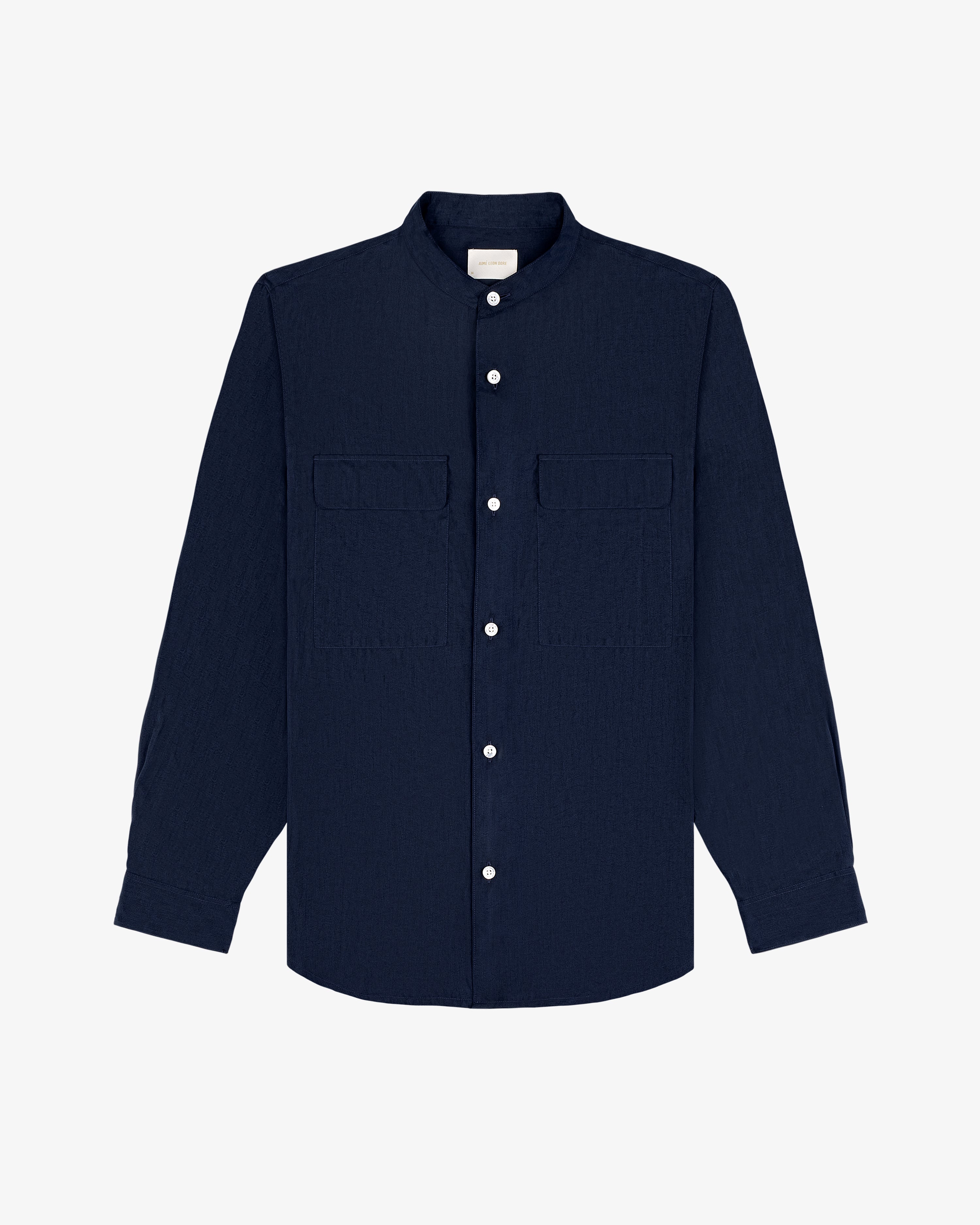 Collarband Safari Shirt: long-sleeve, dark navy, button-up with two chest pockets, shown on white background.