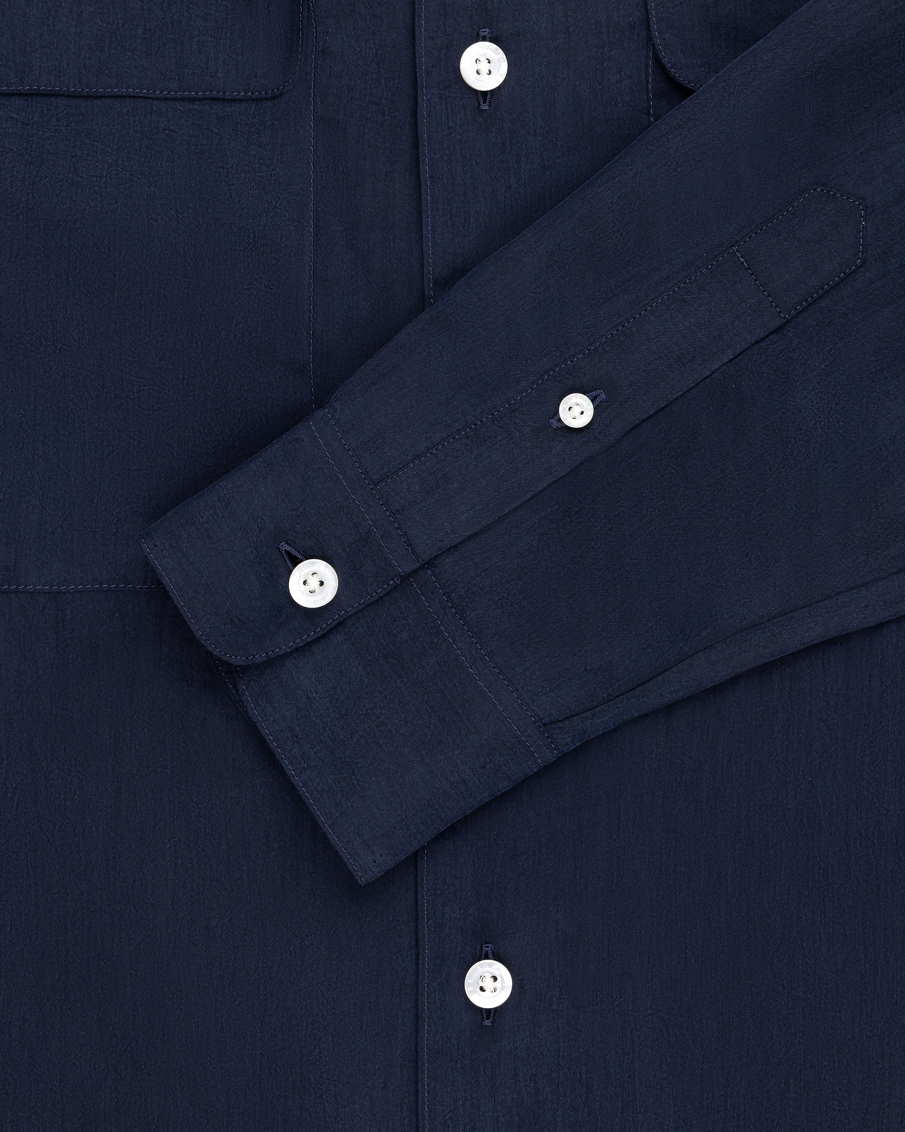 Collarband Safari Shirt in navy blue with long sleeves and white buttons, displayed flat on a white background.