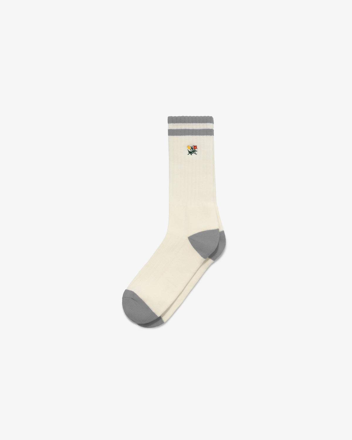 Striped Crest Sock: one cream sock with gray toe, heel, cuff, and a small colorful crest logo near the top.