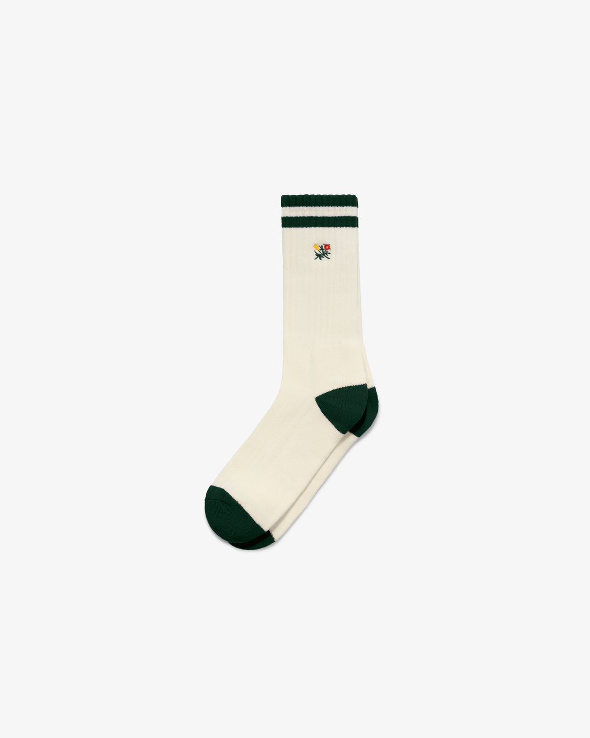 Striped Crest Sock: cream with green toe, heel, cuff, and a small colorful embroidered crest near the top.