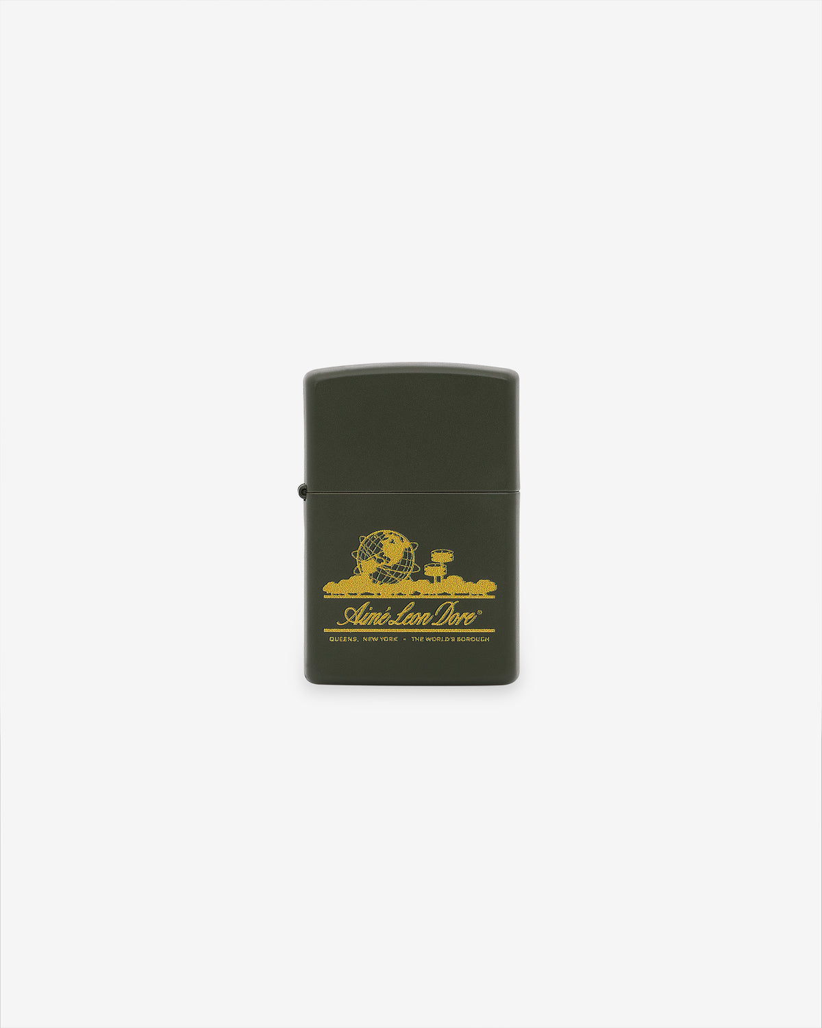 Unisphere Zippo Lighter in olive green with yellow "Adventure Dare" graphic on a plain white background.