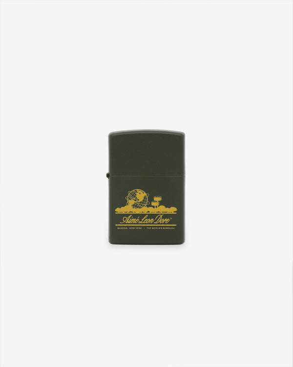 Unisphere Zippo Lighter in olive green with yellow "Adventure Dare" graphic on a plain white background.