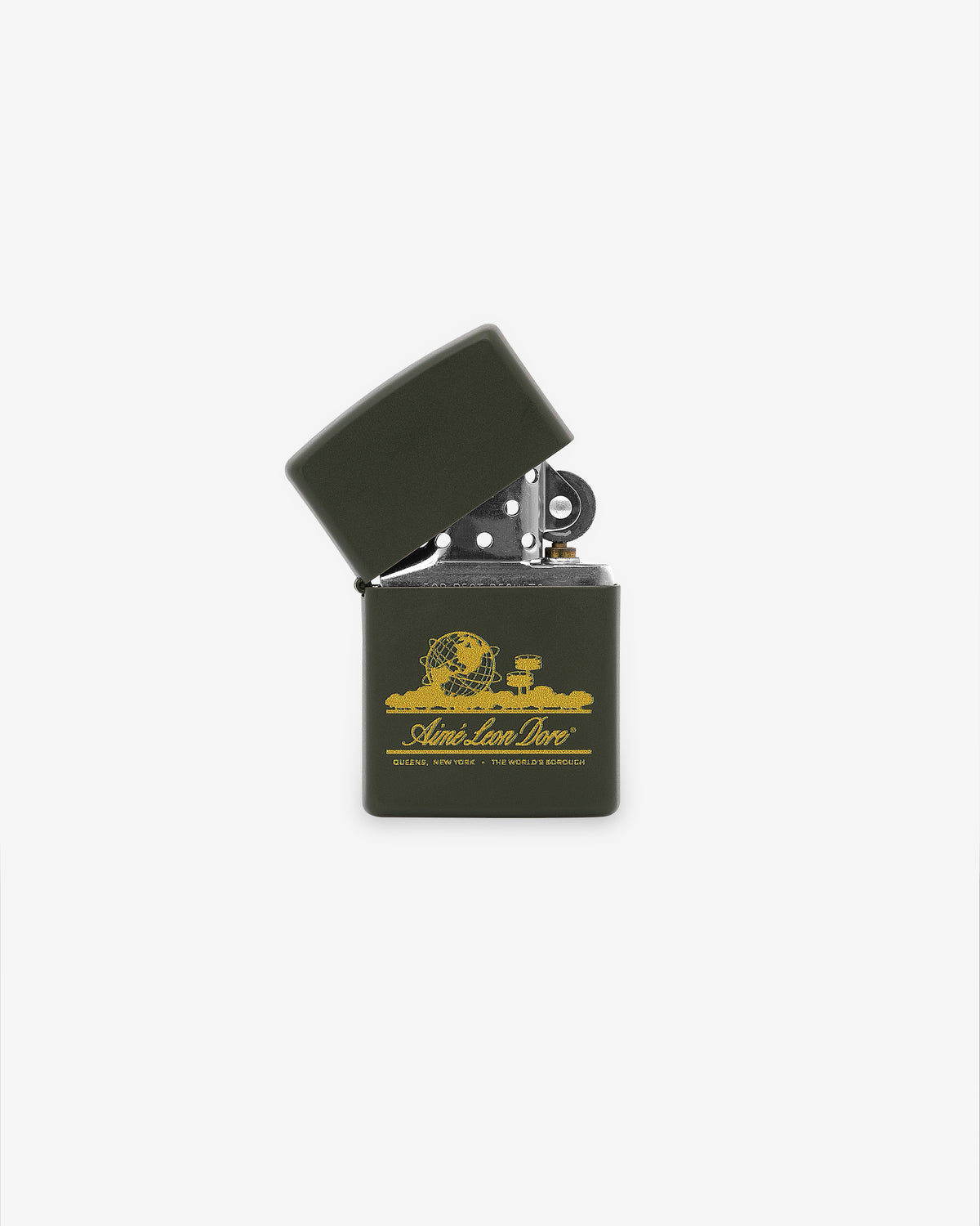 A green Unisphere Zippo lighter with yellow text stands open and upright on a white background.