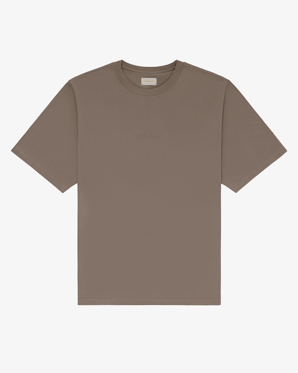 Embroidered Logo Tee, brown short-sleeve with round neck, displayed flat on a white background.
