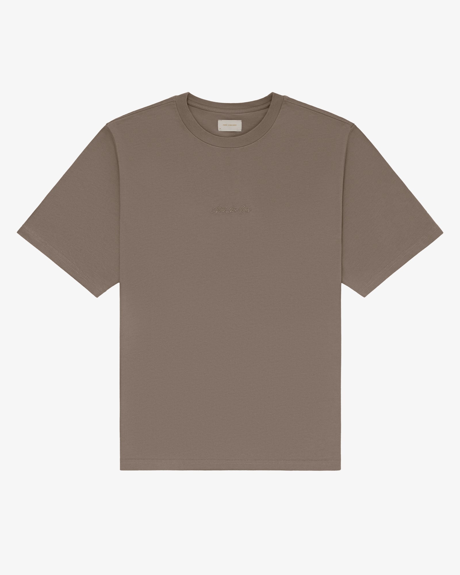 Embroidered Logo Tee, brown short-sleeve with round neck, displayed flat on a white background.
