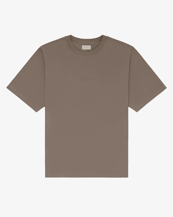 Embroidered Logo Tee, brown short-sleeve with round neck, displayed flat on a white background.