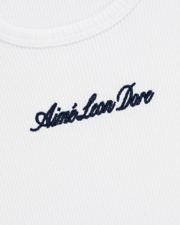 White ribbed Embroidered Logo Tank Top featuring Aimé Leon Dore stitched in black cursive on the chest.