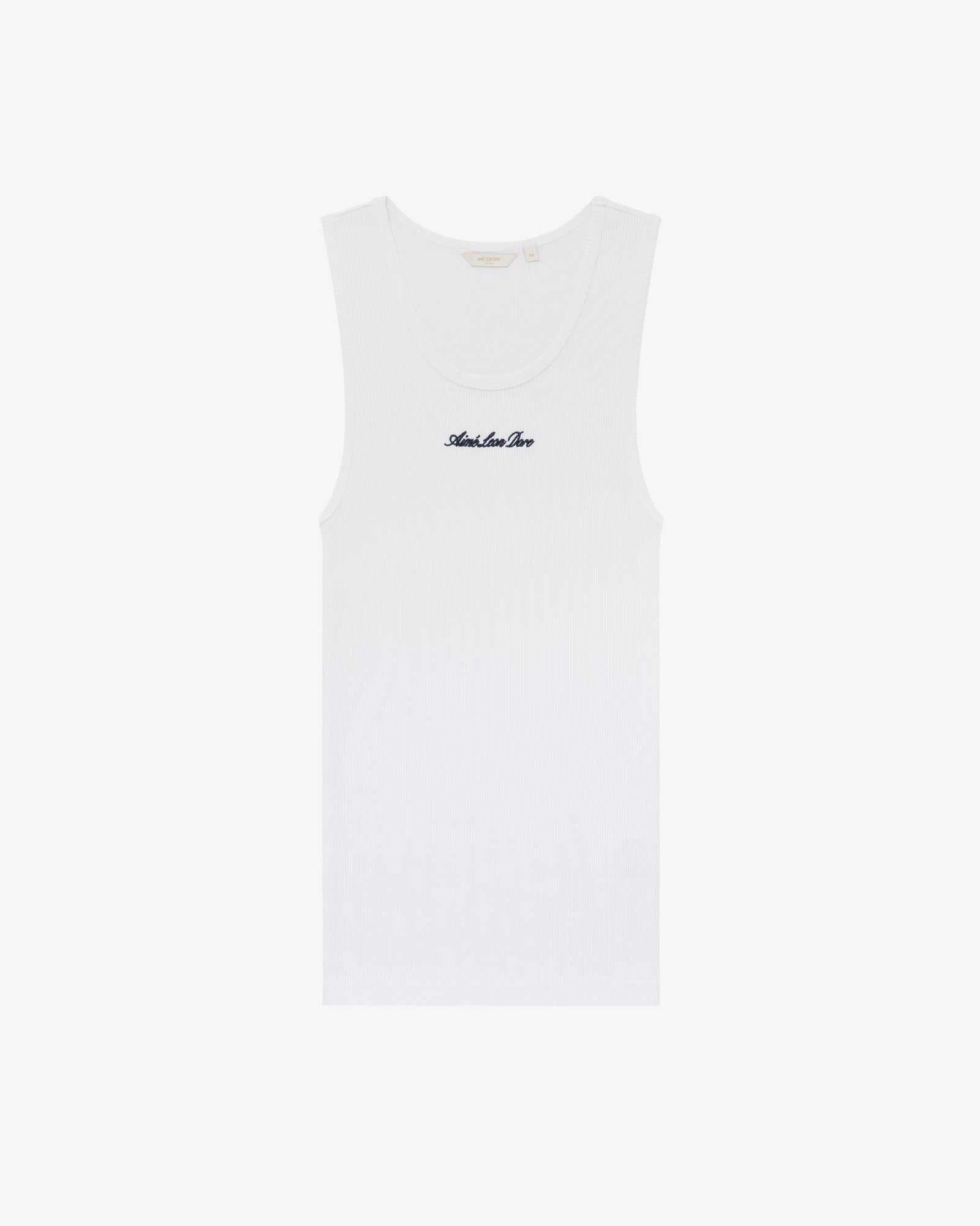 White Embroidered Logo Tank Top featuring "Andrea Lee" in small black script on the front center, shown on plain background.