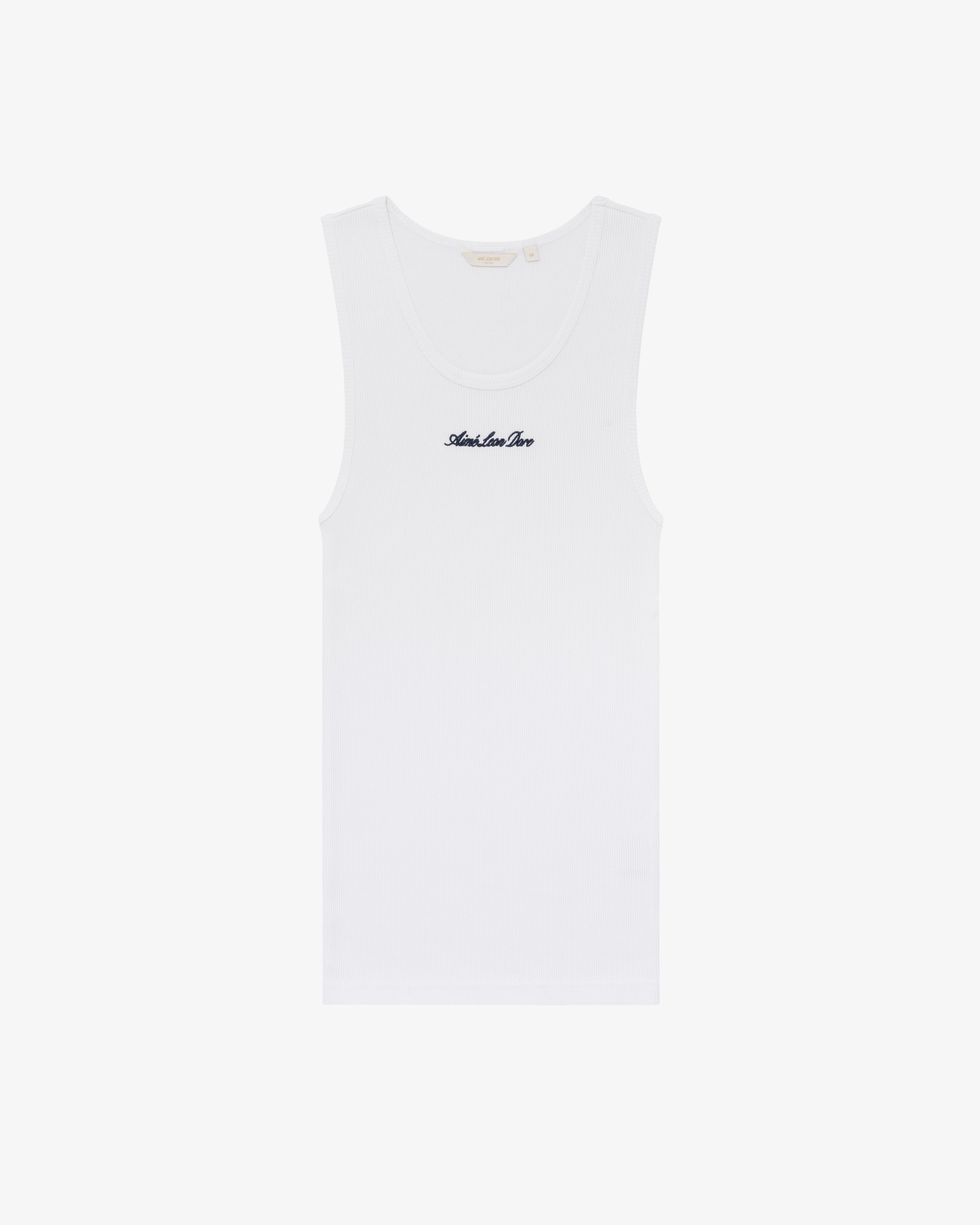 White Embroidered Logo Tank Top featuring "Andrea Lee" in small black script on the front center, shown on plain background.