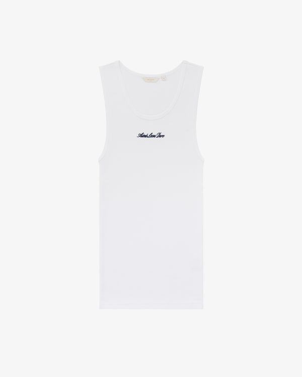 White Embroidered Logo Tank Top featuring "Andrea Lee" in small black script on the front center, shown on plain background.