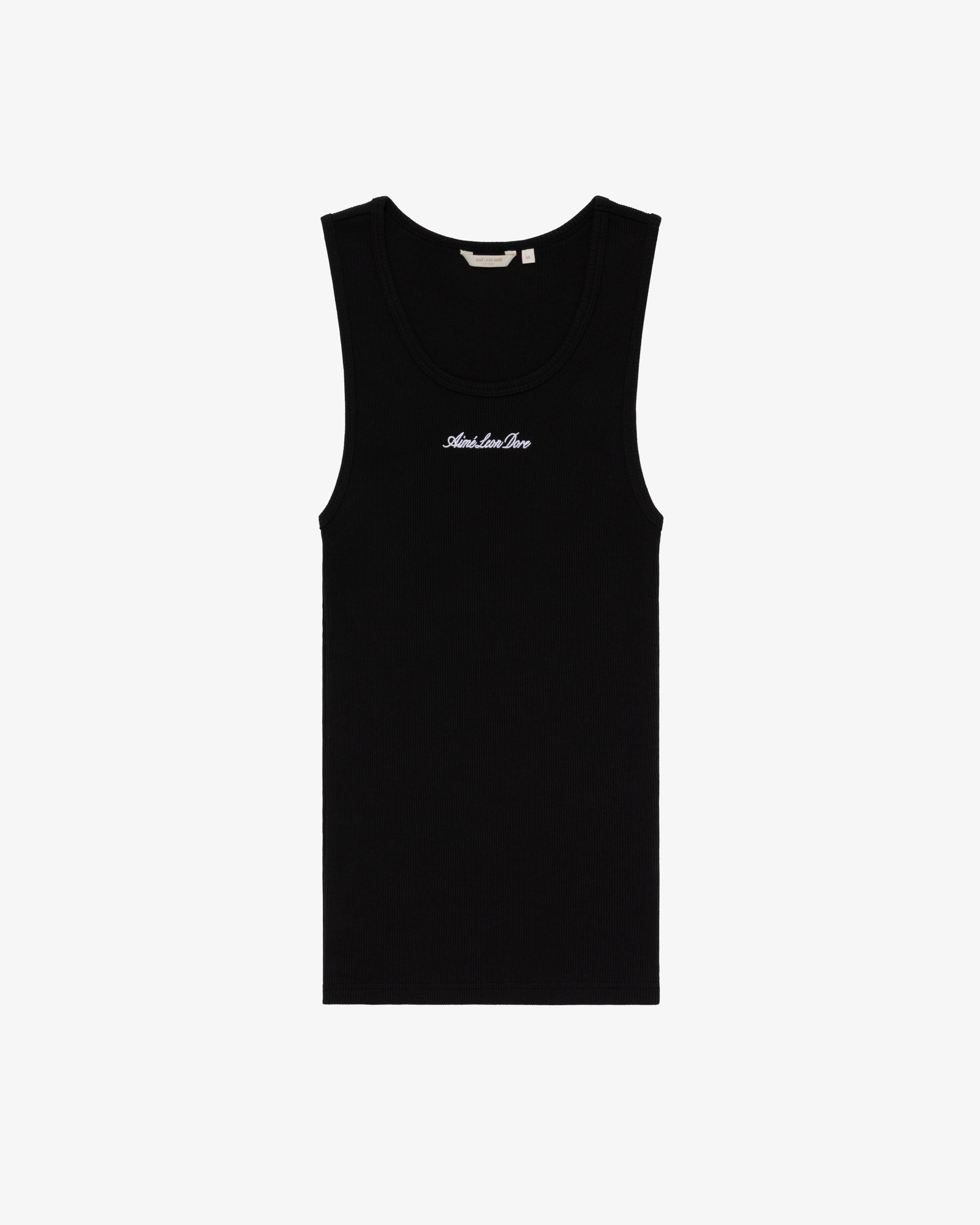 Black Embroidered Logo Tank Top with small white "Amiri Love Pays" text on the front center.