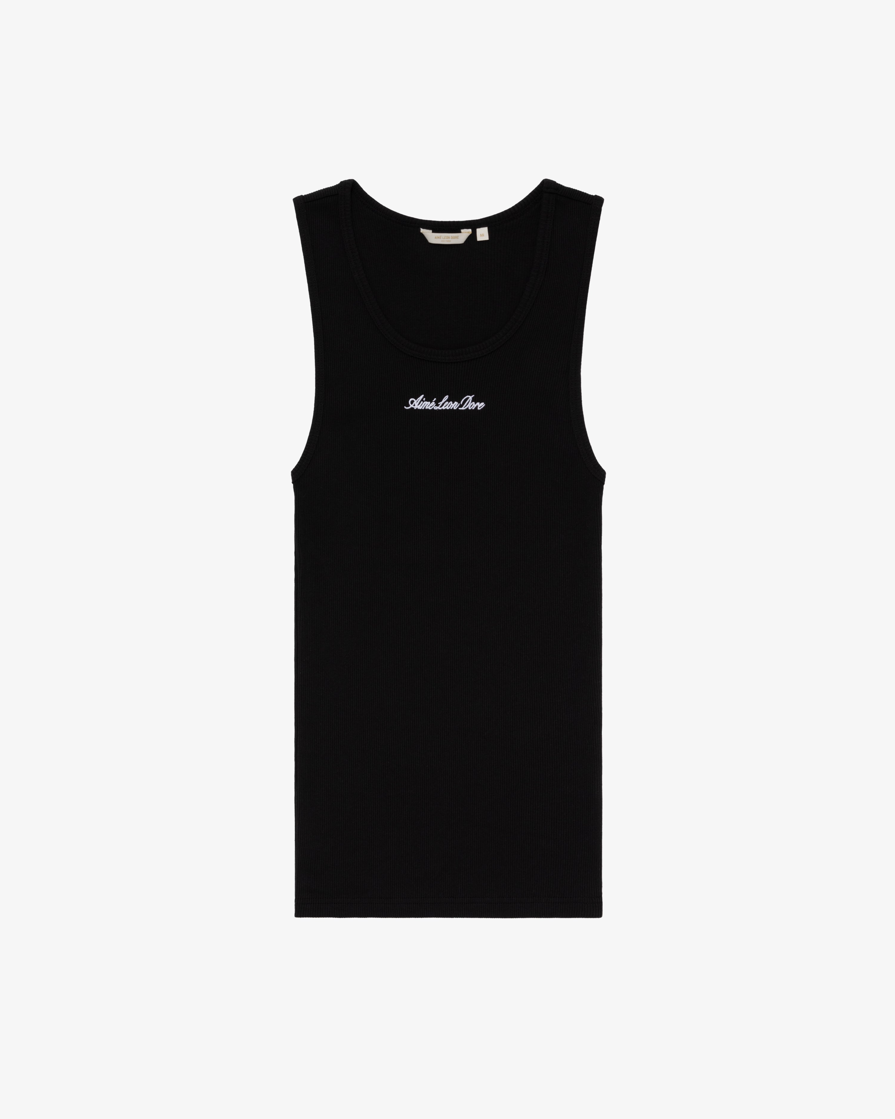 Black Embroidered Logo Tank Top with small white "Amiri Love Pays" text on the front center.