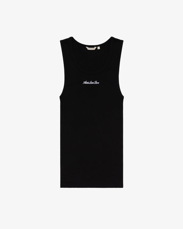 Black Embroidered Logo Tank Top with small white "Amiri Love Pays" text on the front center.