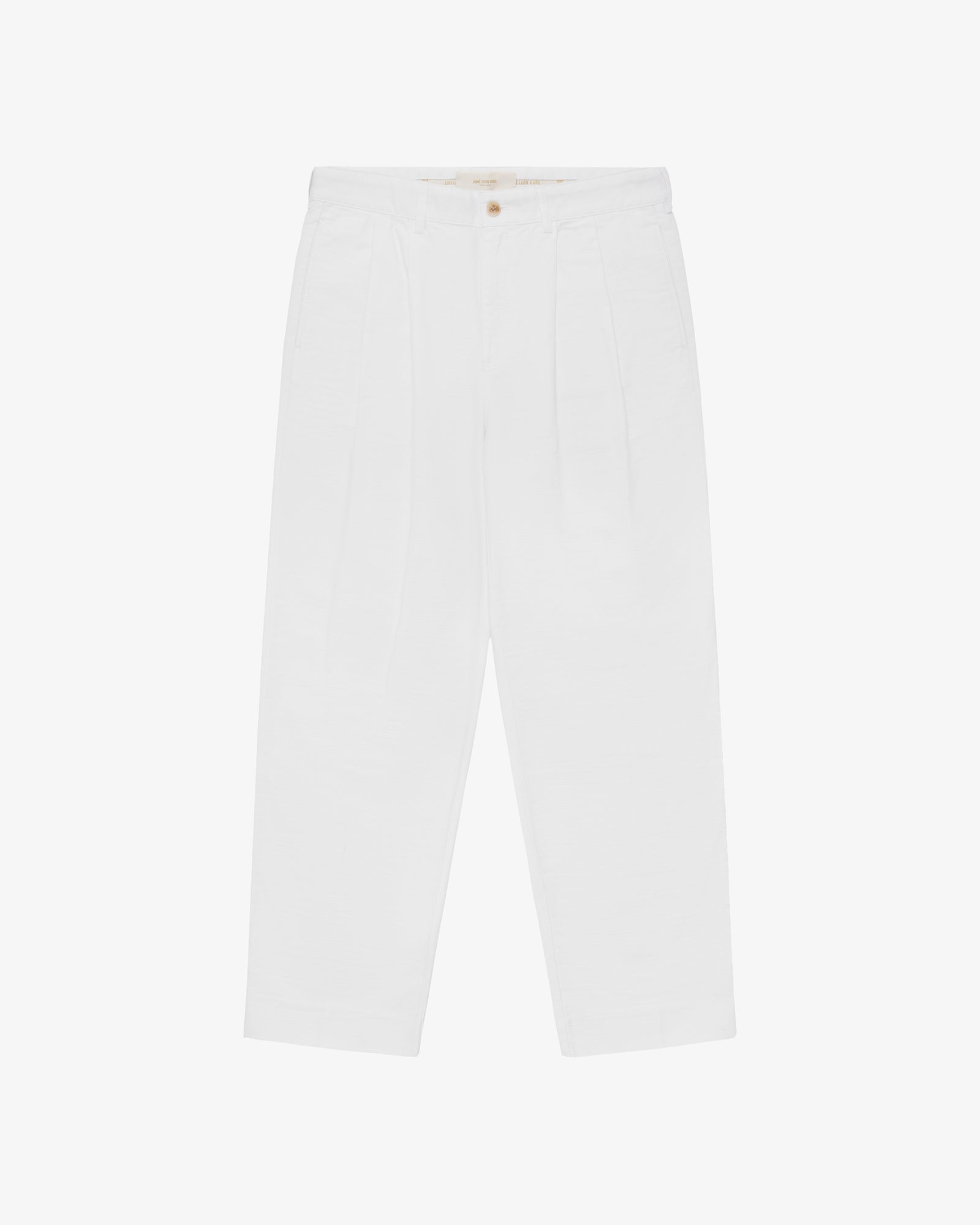 Double Pleated Pant: high-waisted white pants with button closure, shown on a plain white background.