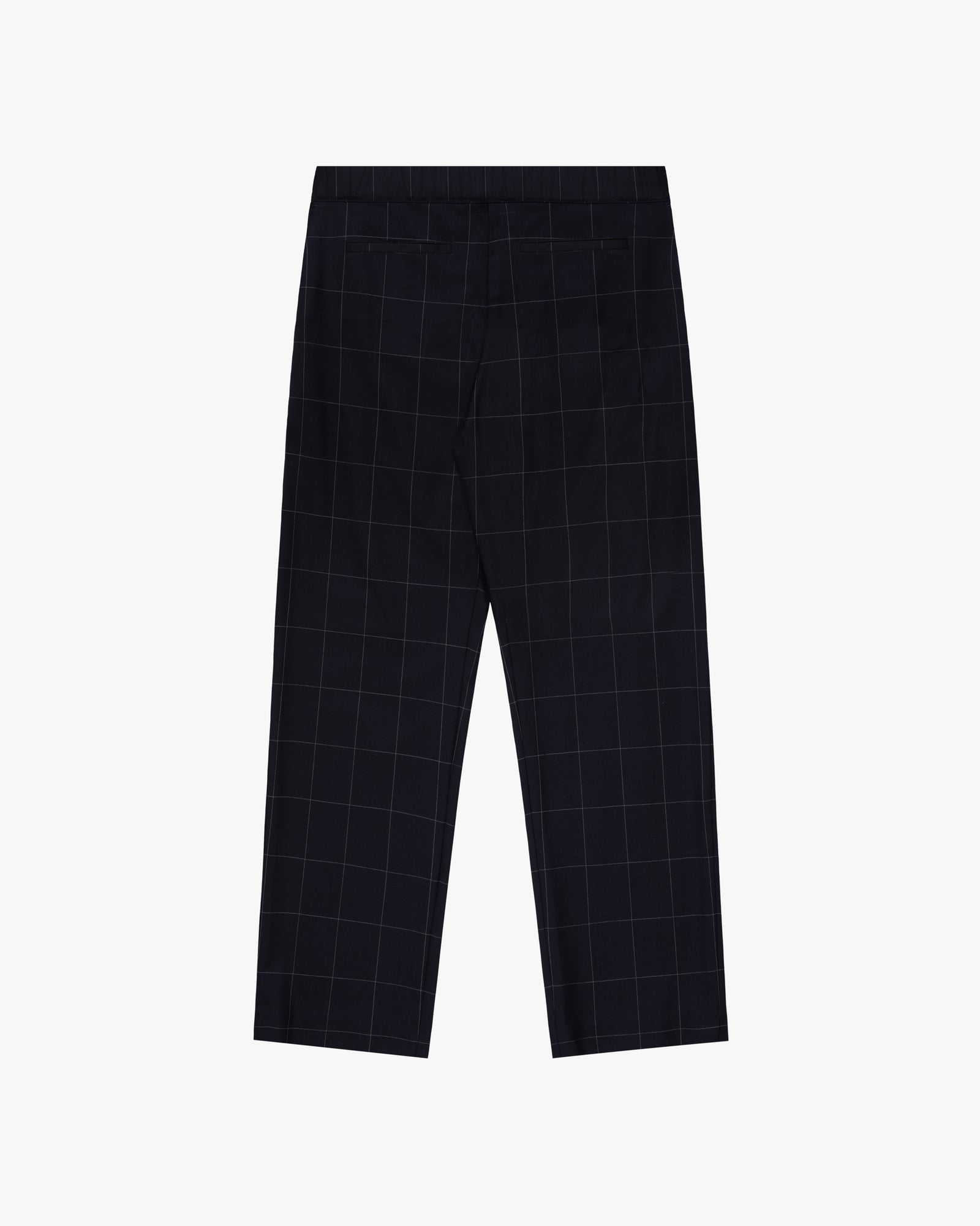 Windowpane Elasticated Waist Suit Trouser in black with a white windowpane check, shown flat from the back.