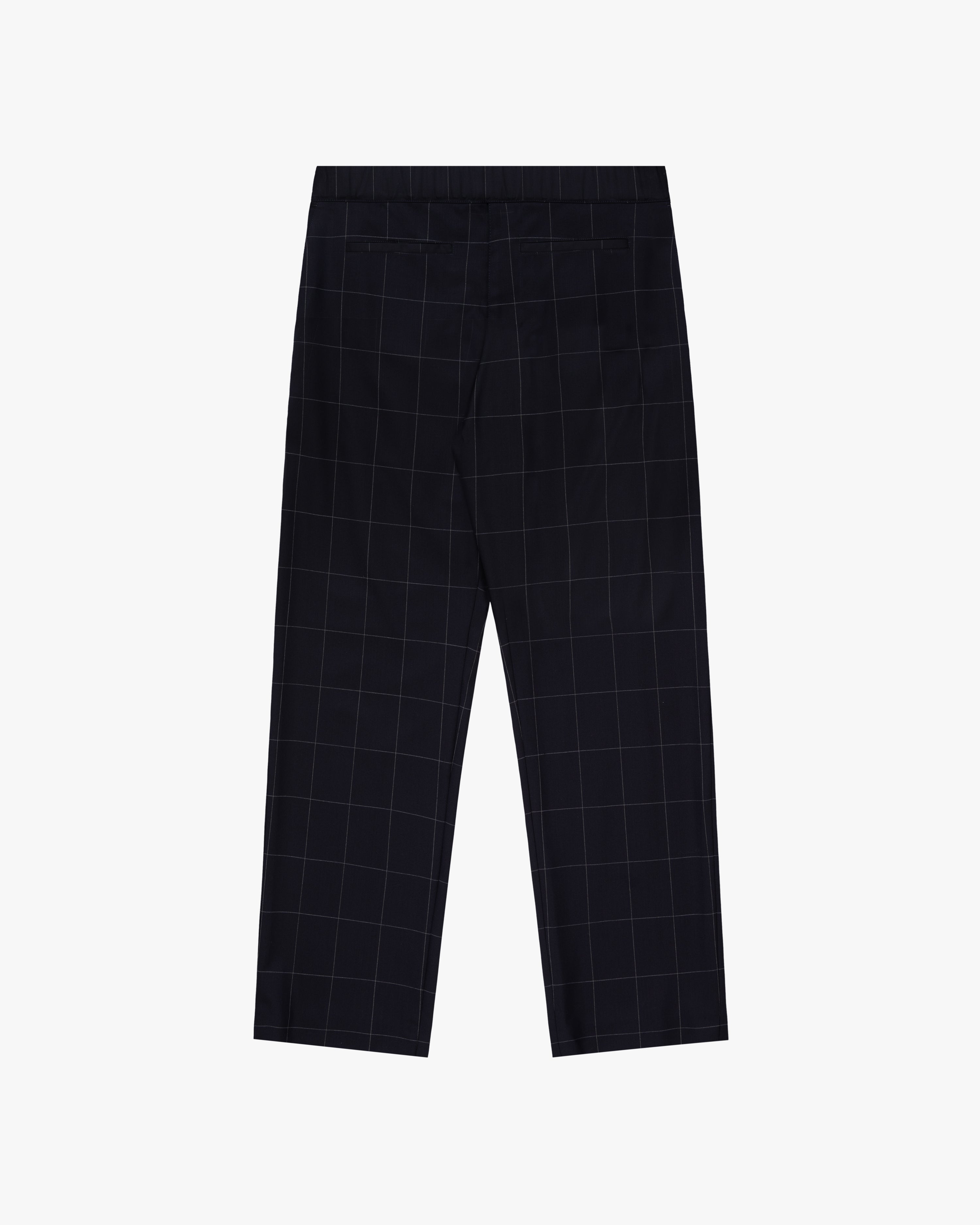 Windowpane Elasticated Waist Suit Trouser in black with a white windowpane check, shown flat from the back.
