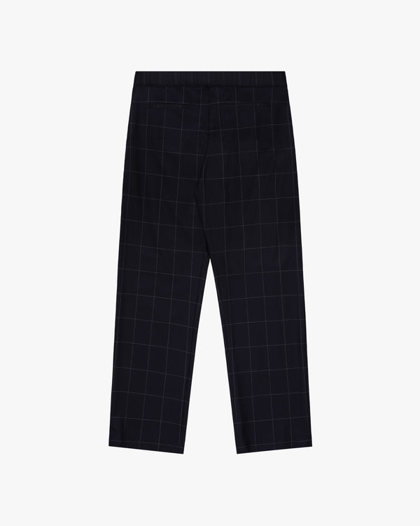 Windowpane Elasticated Waist Suit Trouser in black with a white windowpane check, shown flat from the back.