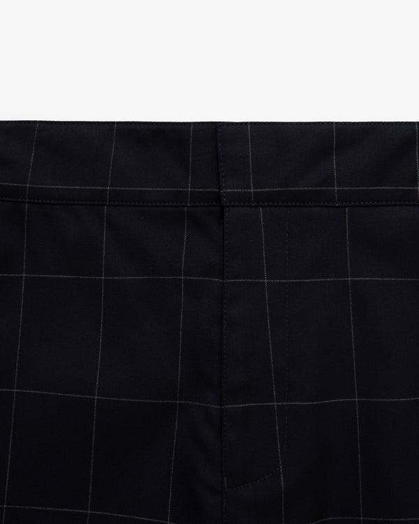 Close-up of Windowpane Elasticated Waist Suit Trouser in navy with white check pattern and waistband seam.