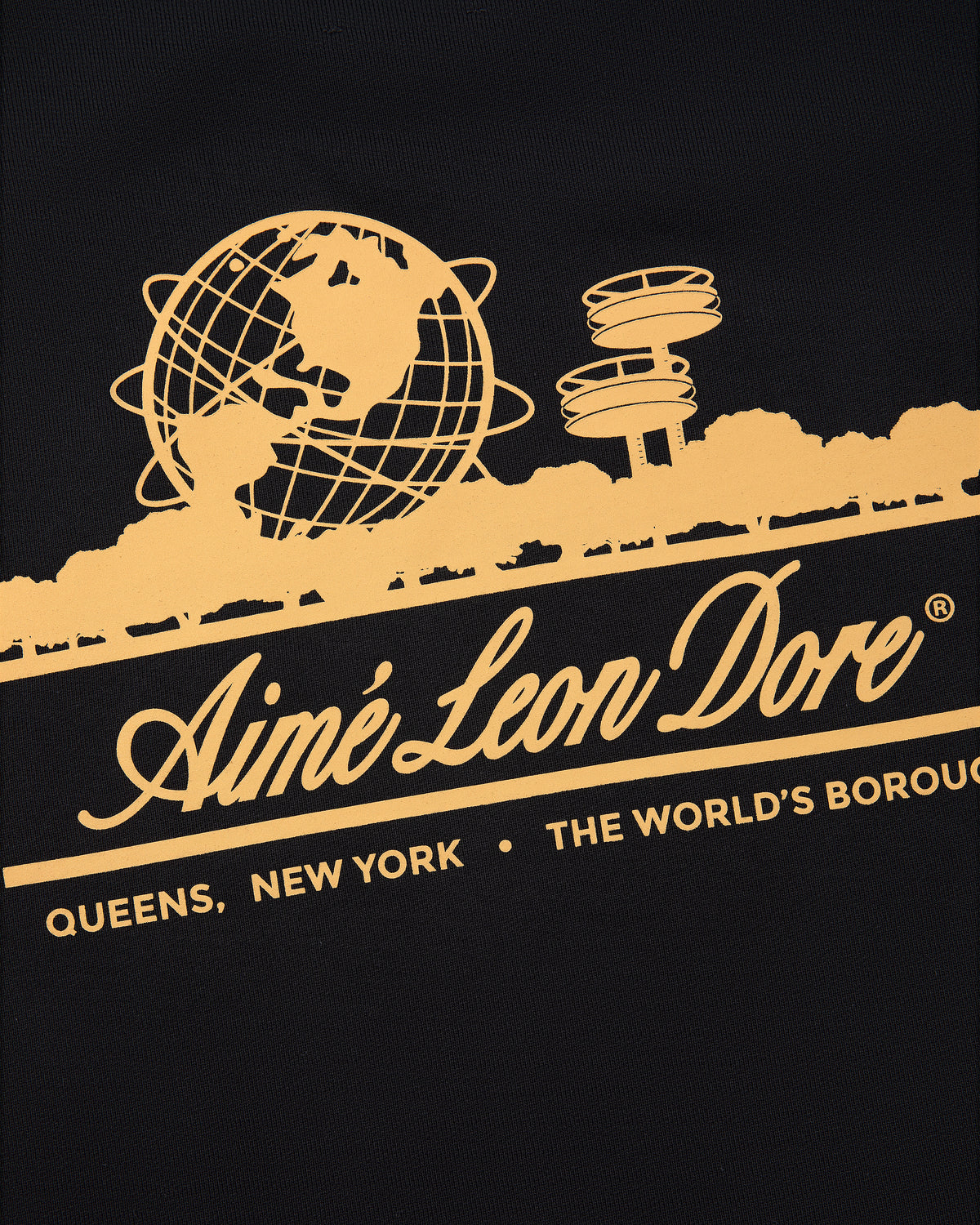 Yellow graphic of globe and towers with "Aimé Leon Dore, Queens, New York" on Unisphere Crewneck Sweatshirt.
