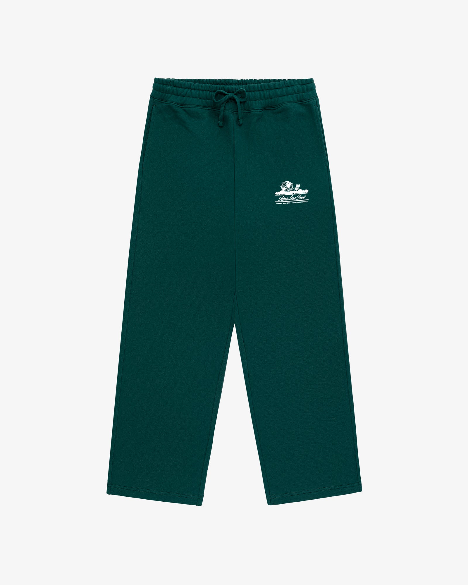 Unisphere Sweatpants: Dark green wide-leg pants with elastic waistband, drawstring, and white logo on left thigh.