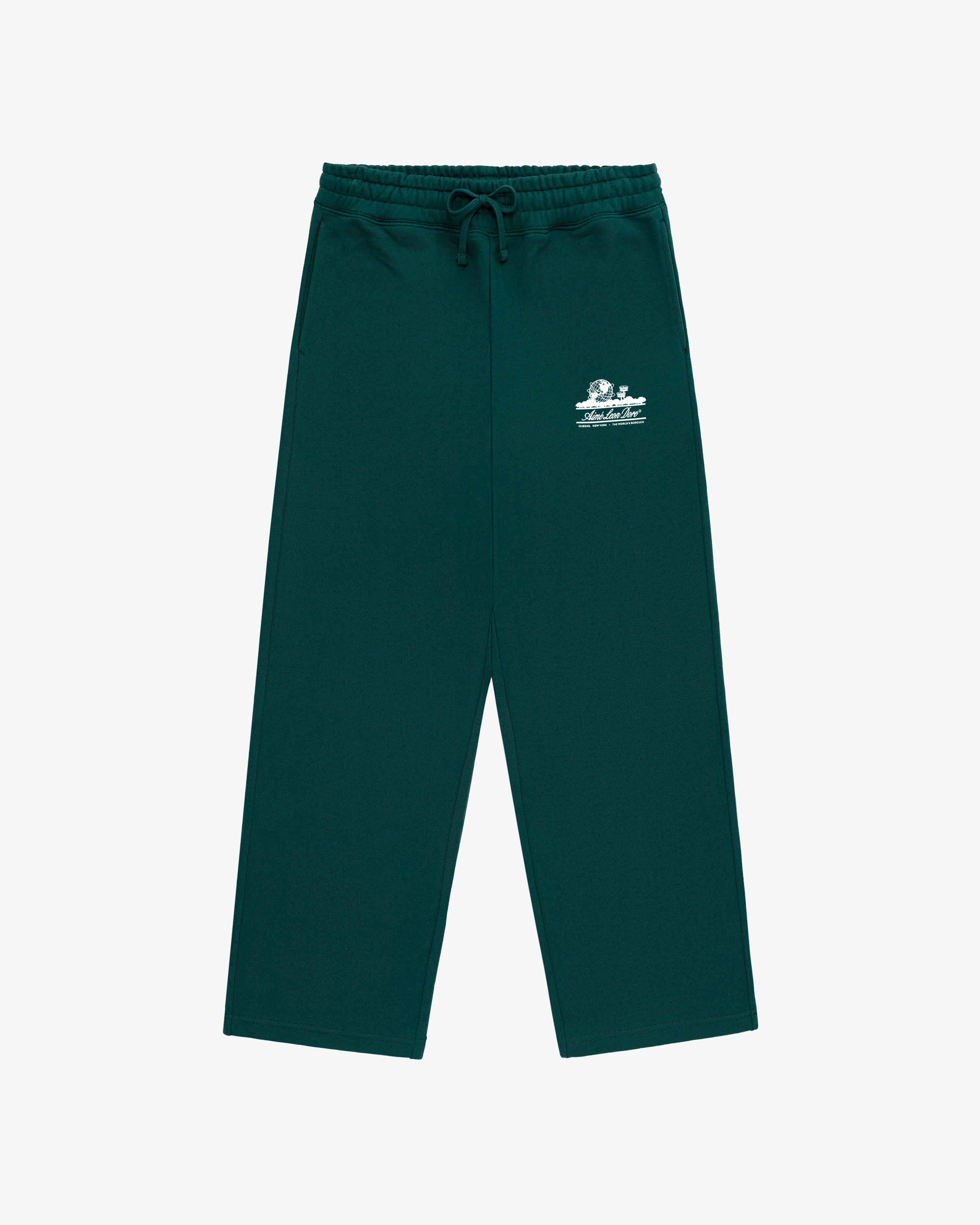 Unisphere Sweatpants: Dark green wide-leg pants with elastic waistband, drawstring, and white logo on left thigh.