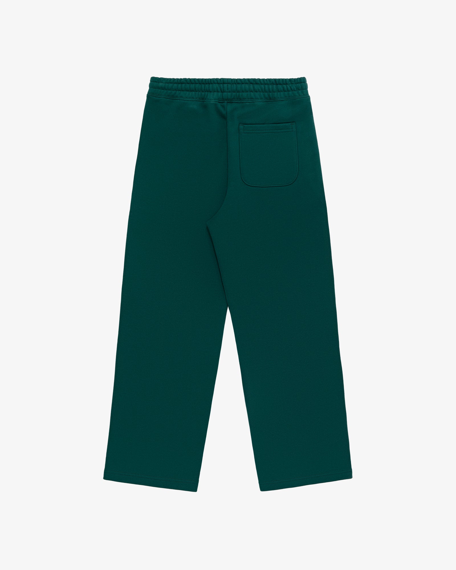 Unisphere Sweatpants in dark green with wide legs, elastic waistband, and a single back pocket on a white background.