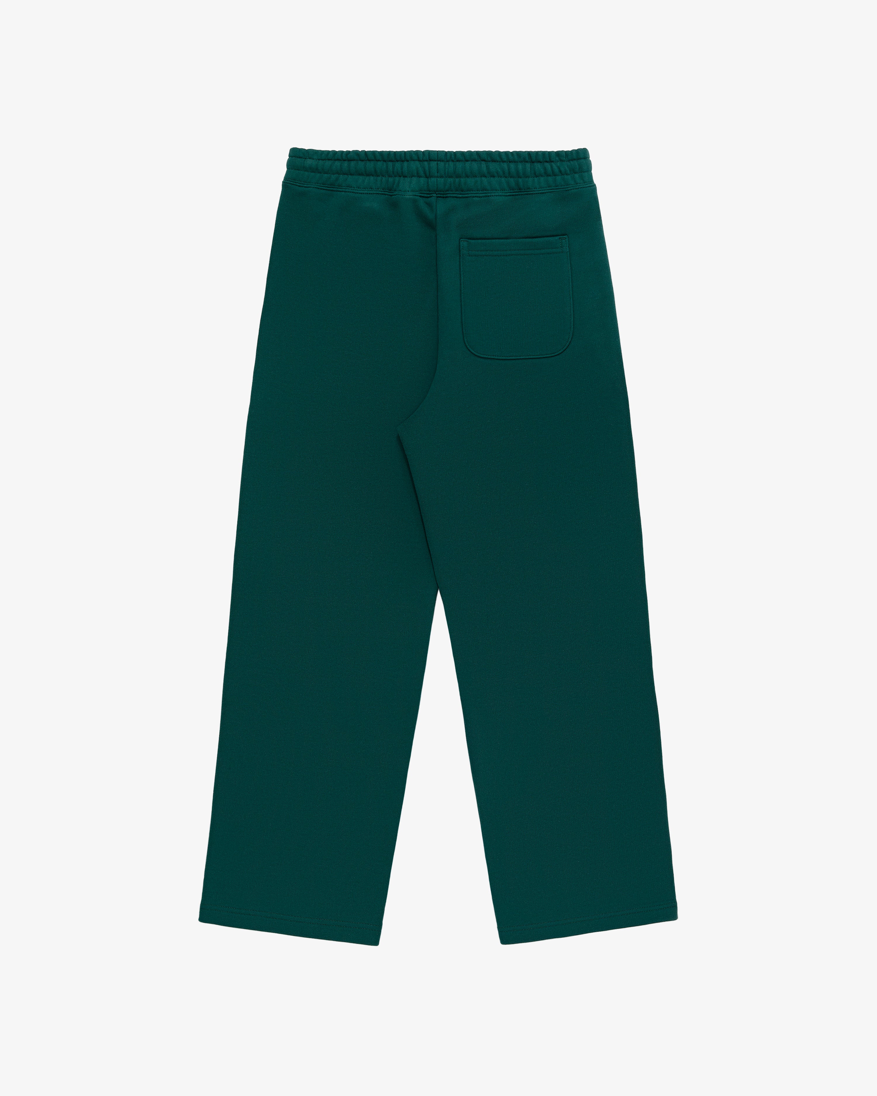 Unisphere Sweatpants in dark green with wide legs, elastic waistband, and a single back pocket on a white background.