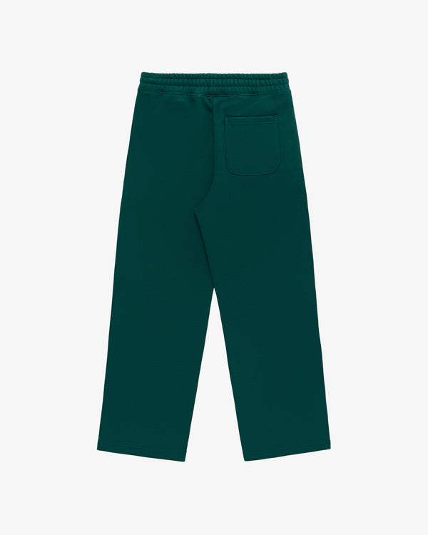 Unisphere Sweatpants in dark green with wide legs, elastic waistband, and a single back pocket on a white background.