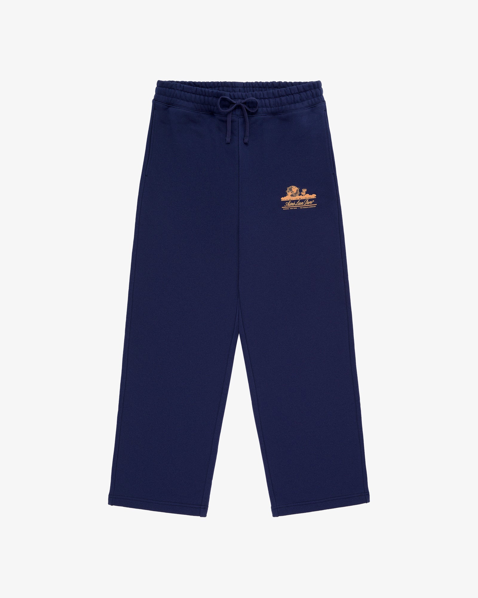 Unisphere Sweatpants in navy blue with a drawstring waist and small orange logo on the left thigh, laid flat.