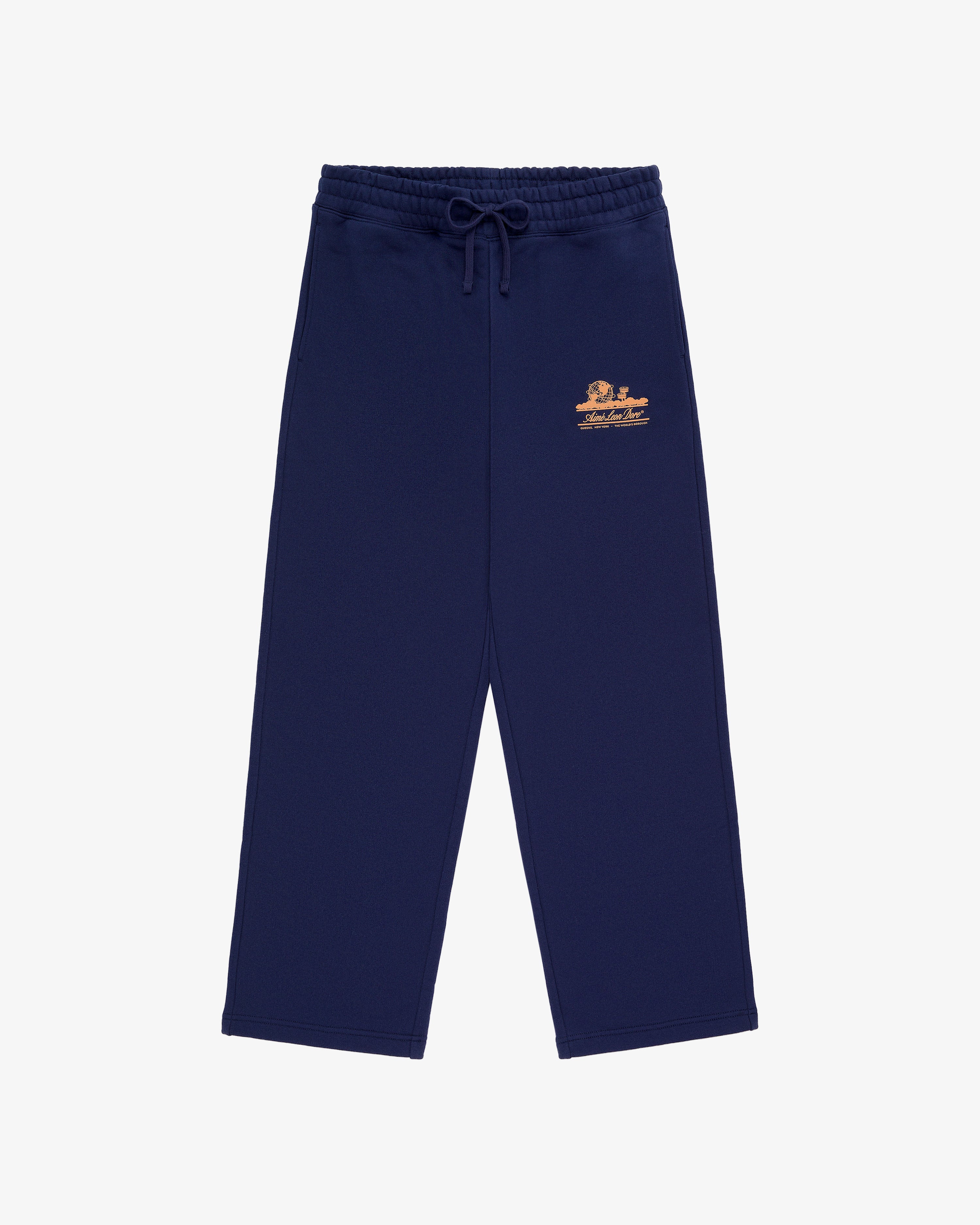 Unisphere Sweatpants in navy blue with a drawstring waist and small orange logo on the left thigh, laid flat.