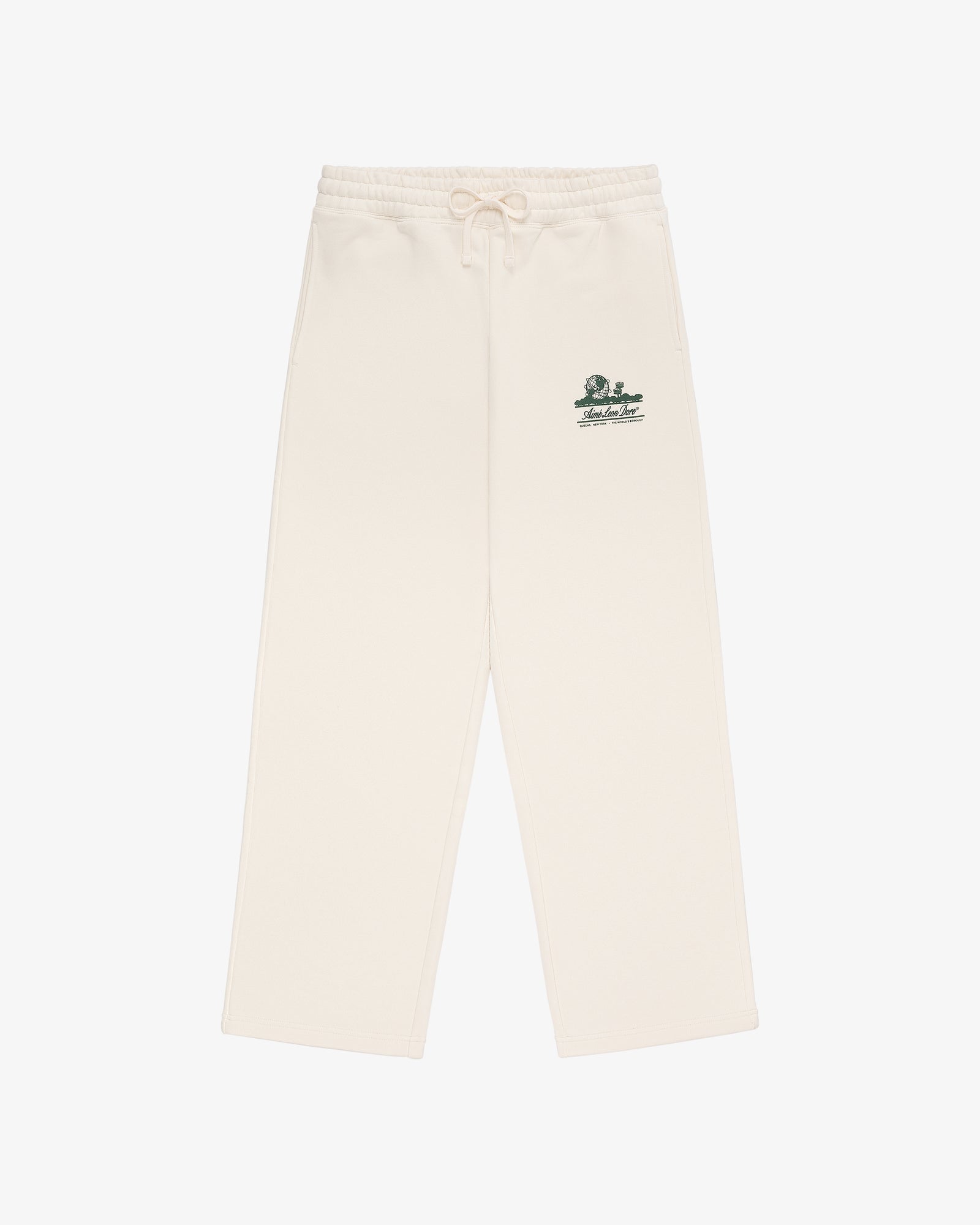 Unisphere Sweatpants in cream with a drawstring waist and small green graphic and text on the left hip.