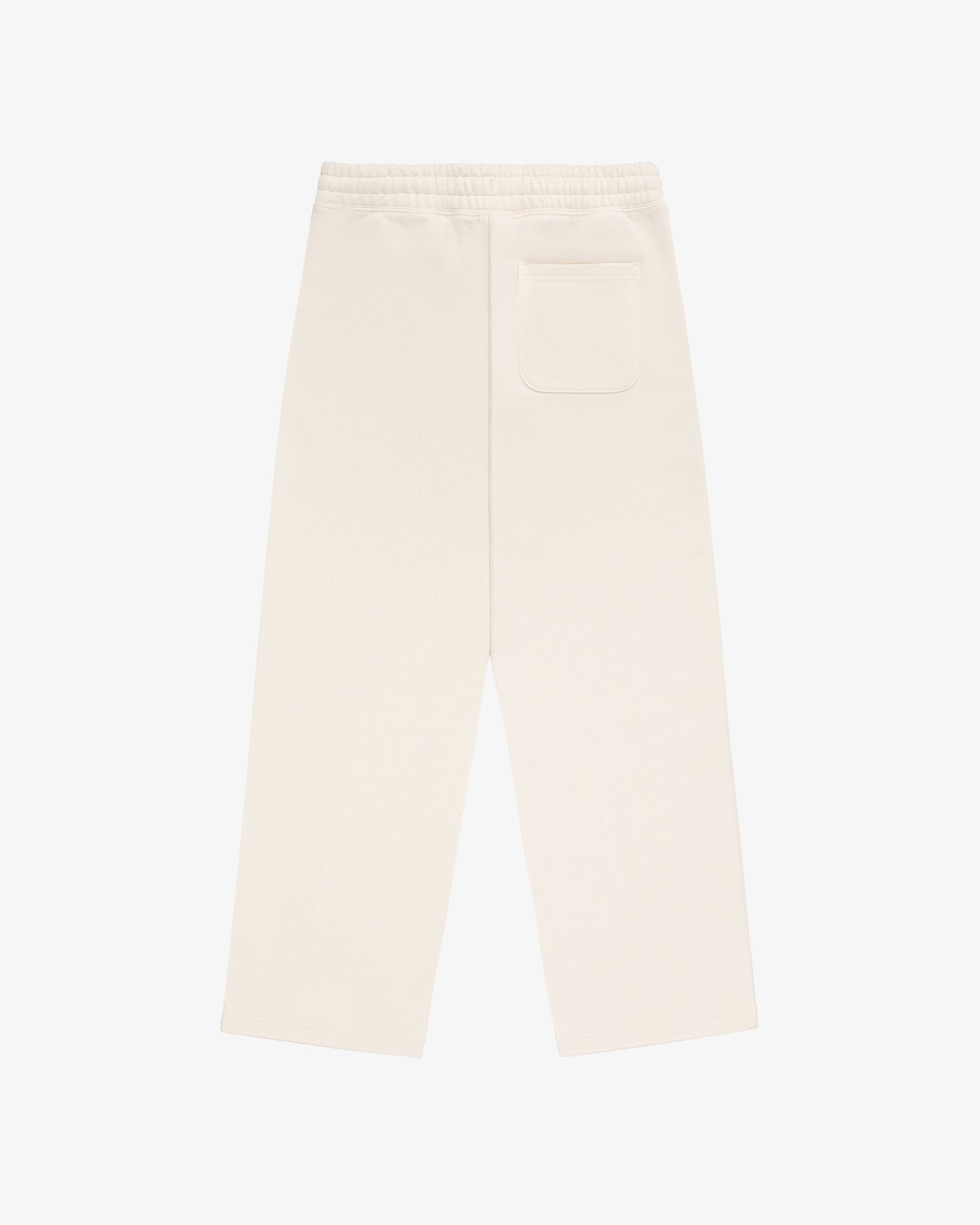 Back view of Unisphere Sweatpants in cream with elastic waistband and single back pocket, laid flat on white background.