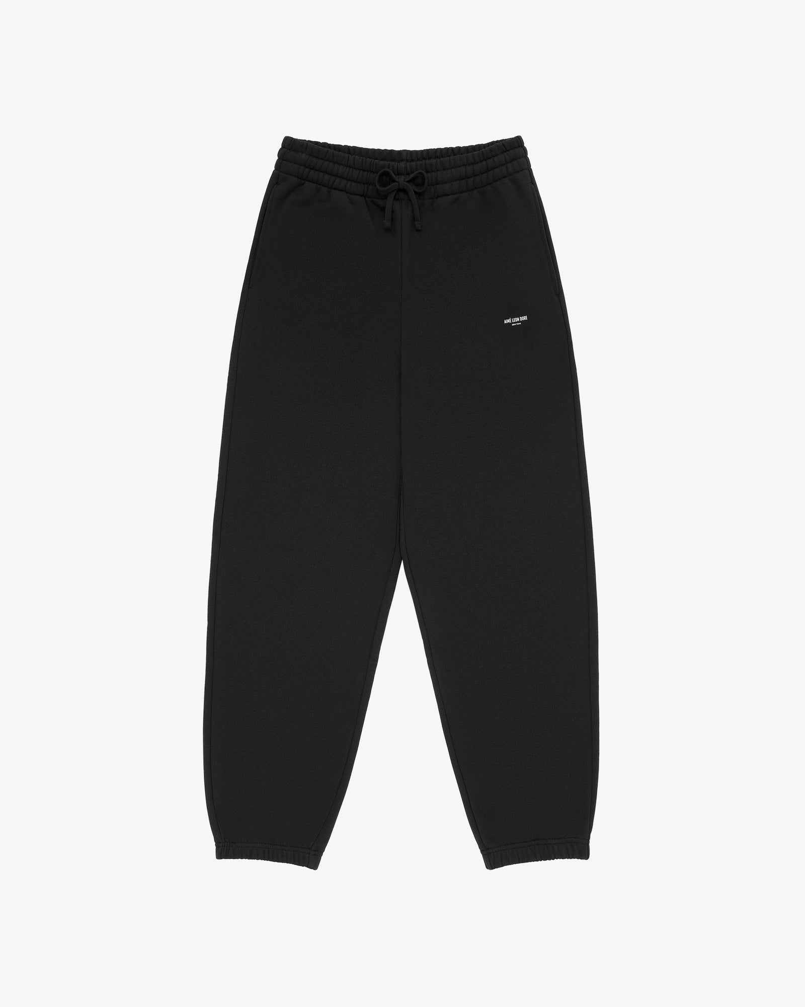 Micro Logo Sweatpants with elastic waistband, drawstring, and small white logo on left thigh, shown on white background.