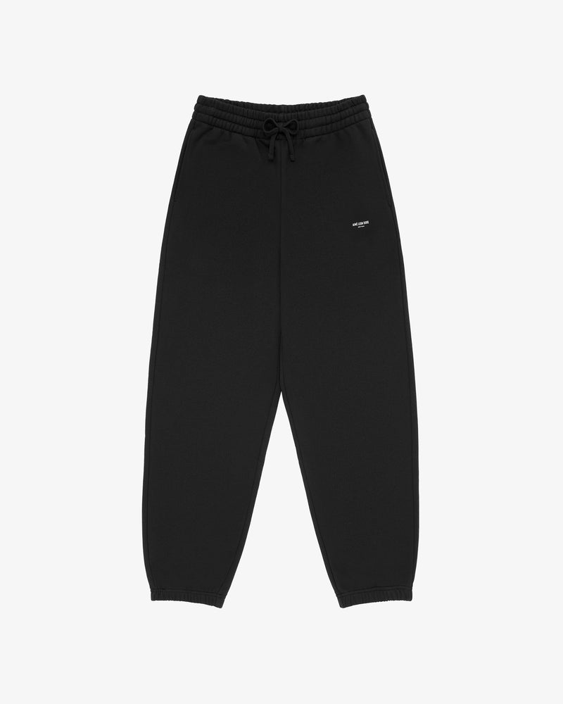 Micro Logo Sweatpants with elastic waistband, drawstring, and small white logo on left thigh, shown on white background.