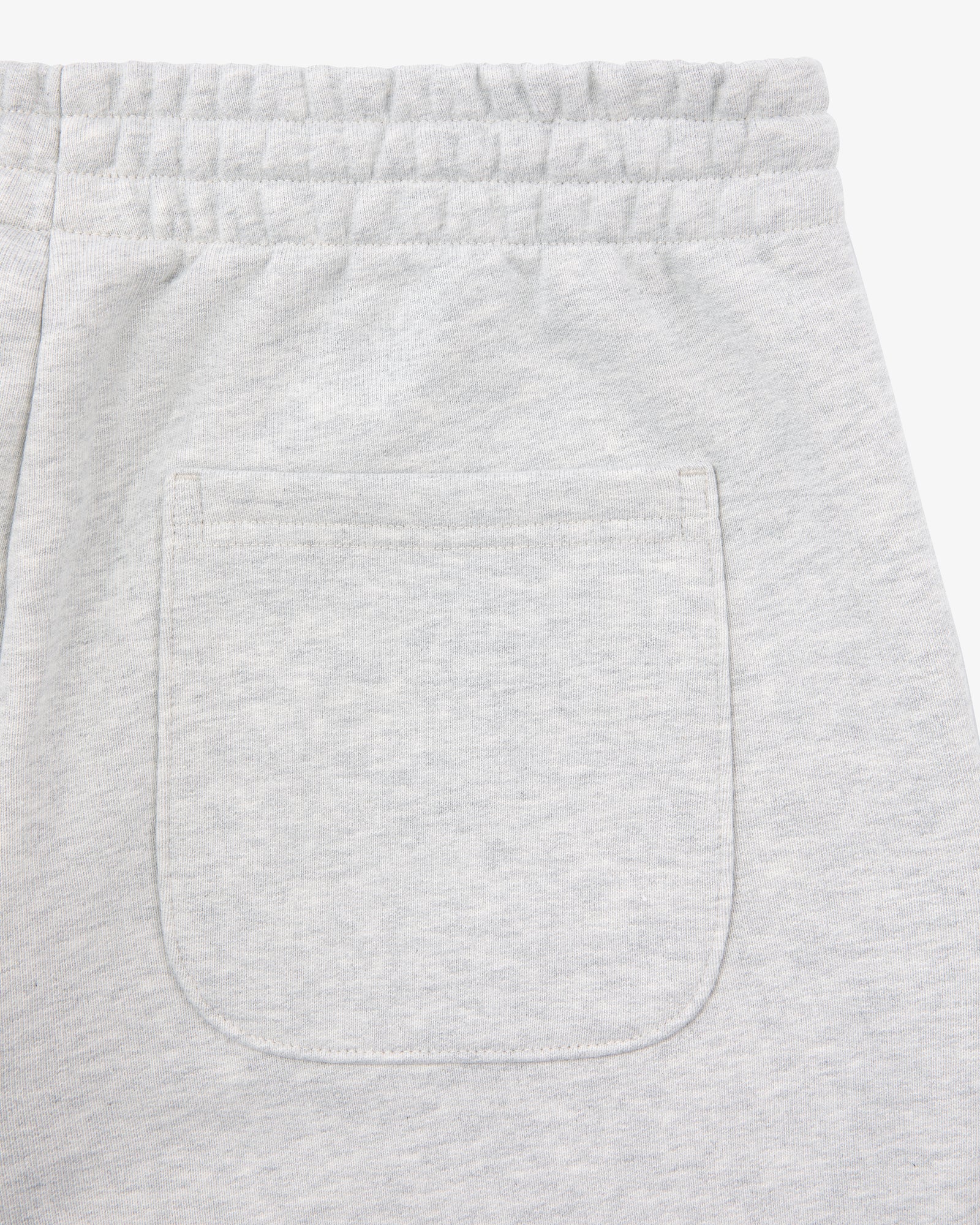Close-up of the back pocket and waistband on Micro Logo Sweatpants in light gray with an elastic waist.