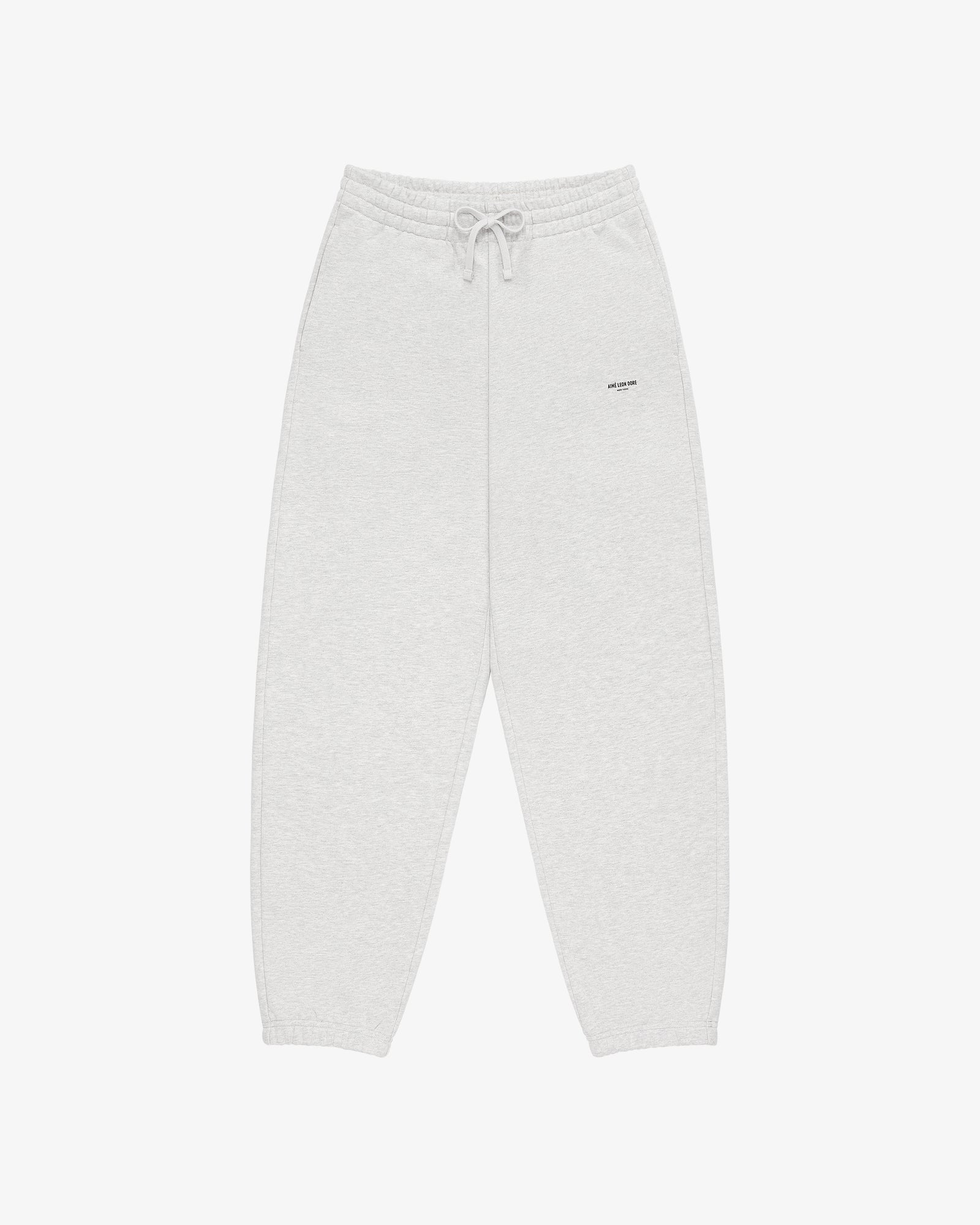 Micro Logo Sweatpants in light gray with elastic waistband, drawstring, and small text logo on the left thigh.