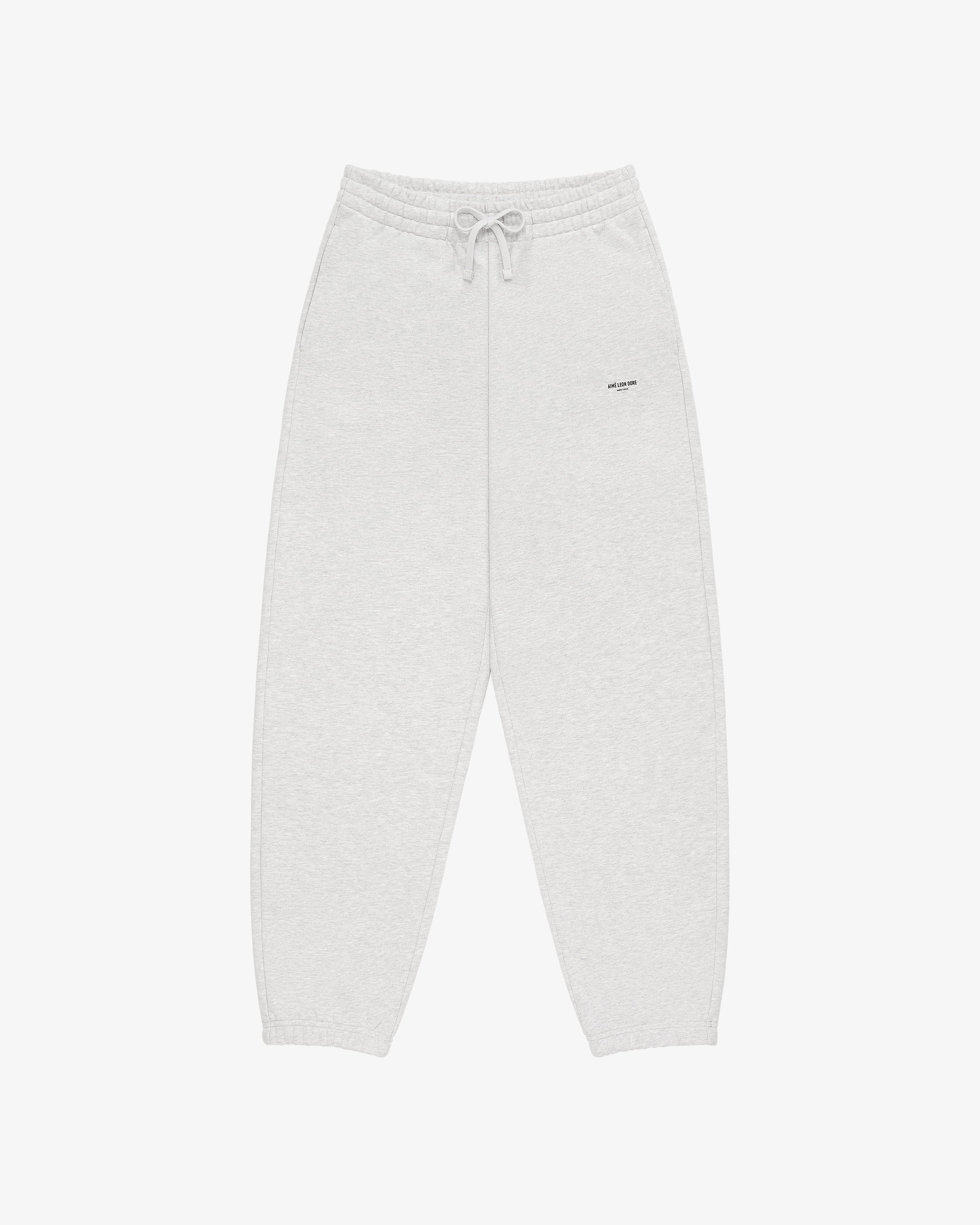 Micro Logo Sweatpants in light gray with elastic waistband, drawstring, and small text logo on the left thigh.