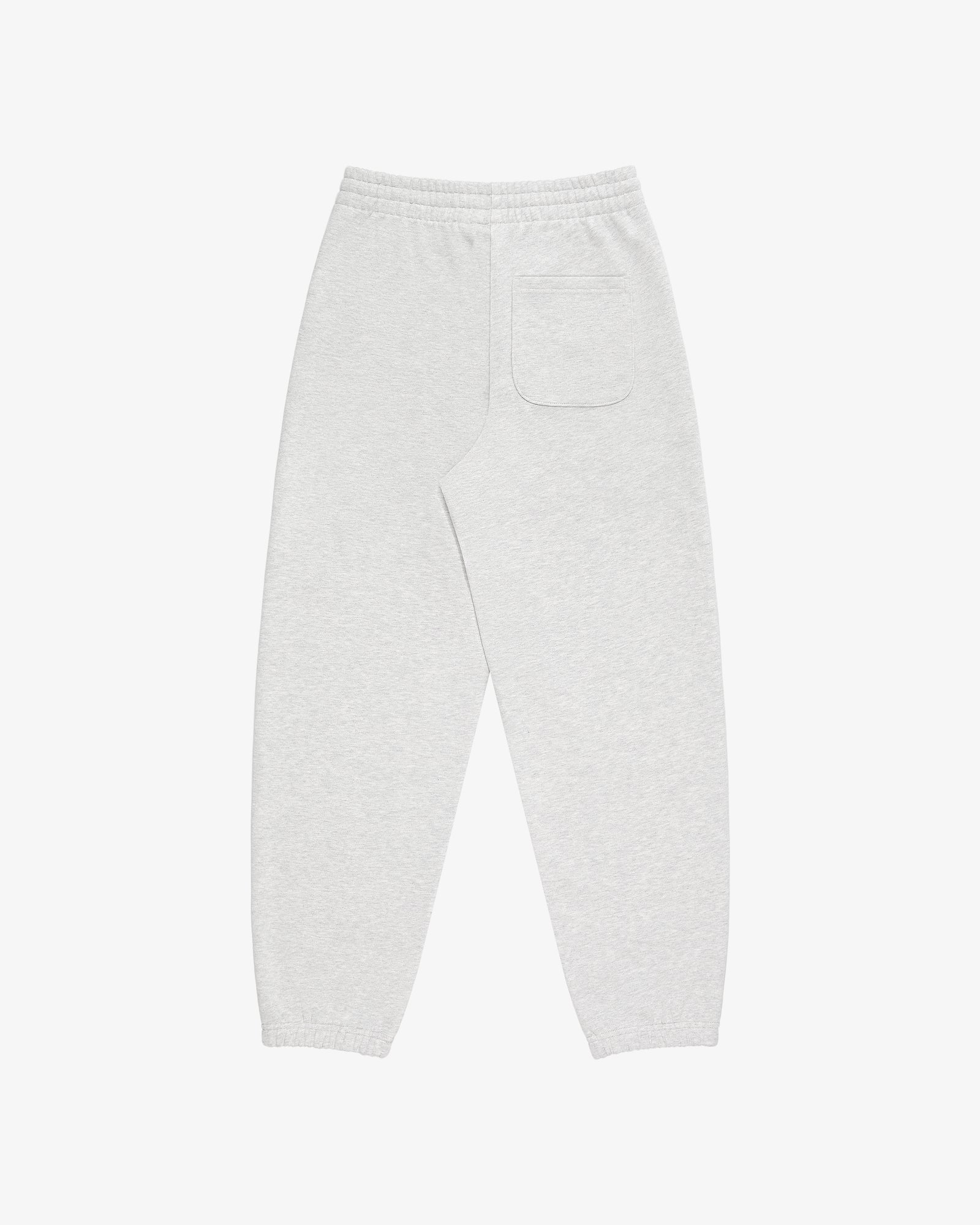 Light gray Micro Logo Sweatpants with elastic waistband, single back pocket, and elastic cuffs on white background.