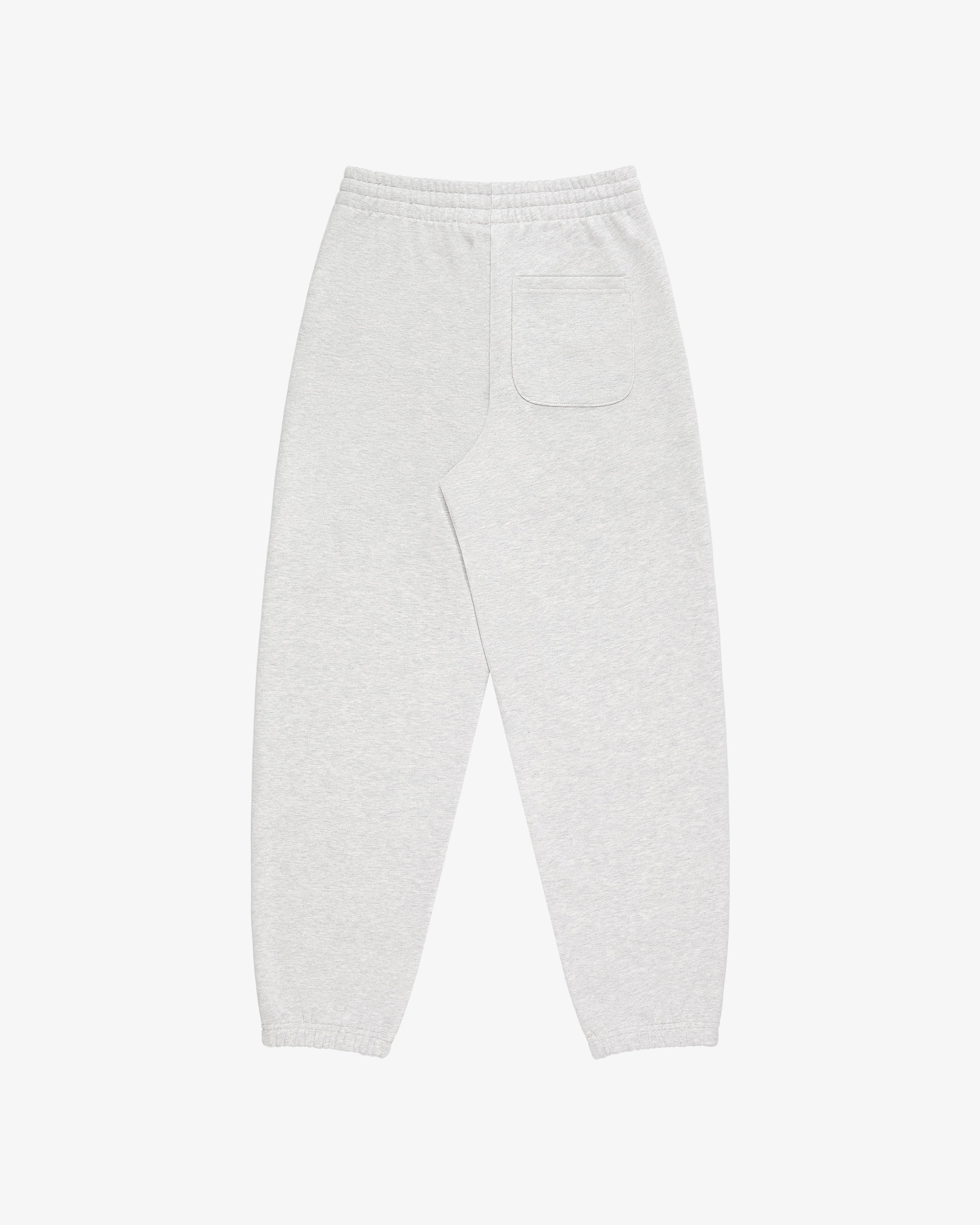 Light gray Micro Logo Sweatpants with elastic waistband, single back pocket, and elastic cuffs on white background.