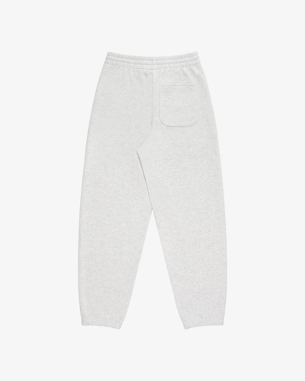 Light gray Micro Logo Sweatpants with elastic waistband, single back pocket, and elastic cuffs on white background.