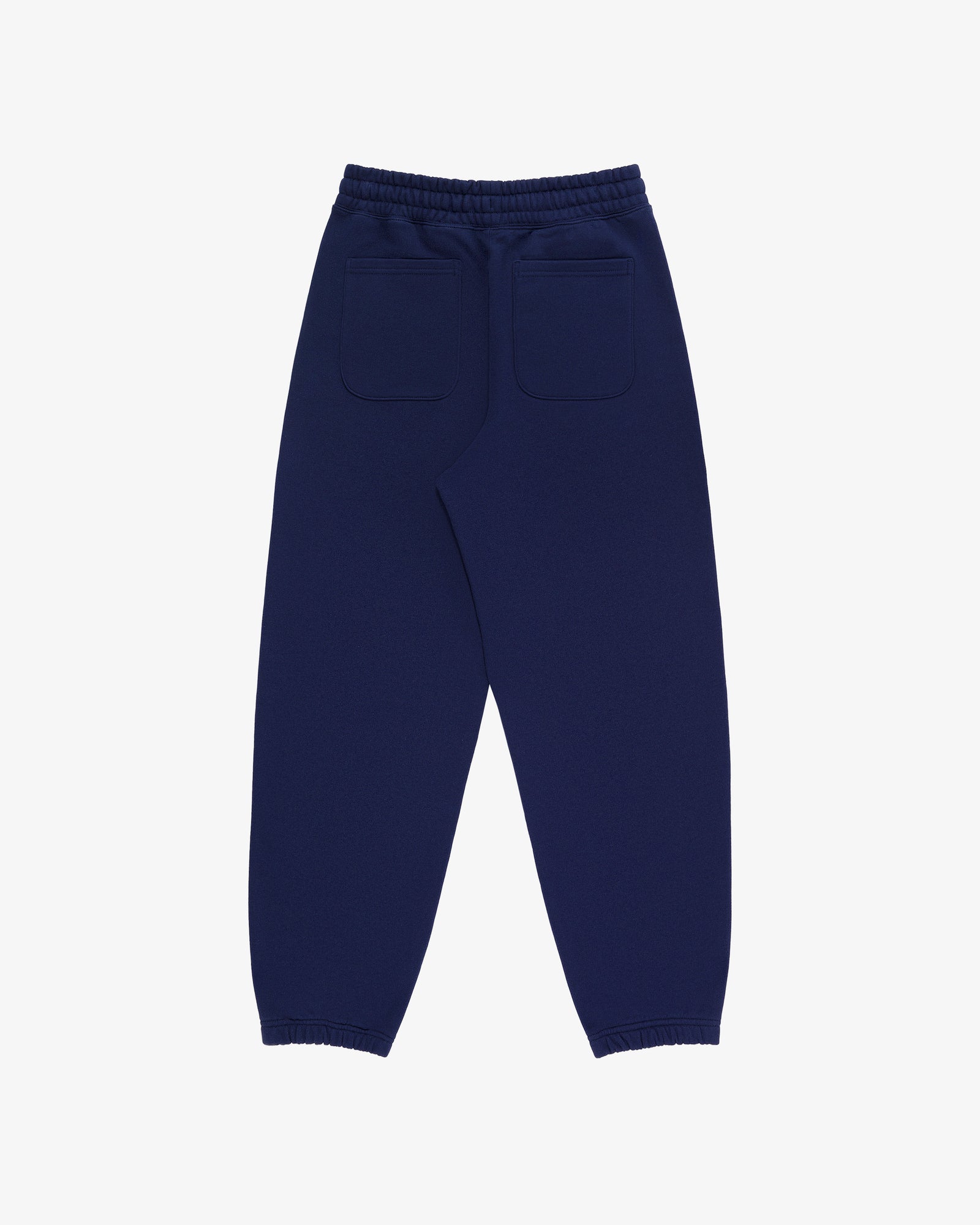 Tonal Logo Sweatpants in navy blue with elastic cuffs, waistband, and two back pockets shown from the back.